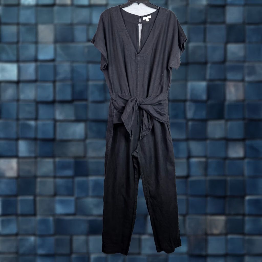Joie Joie Women's Black Tie Waist Linen Short Sleeve Jumpsuit L Size 36" / US 14 / IT 50 - 1 Thumbnail