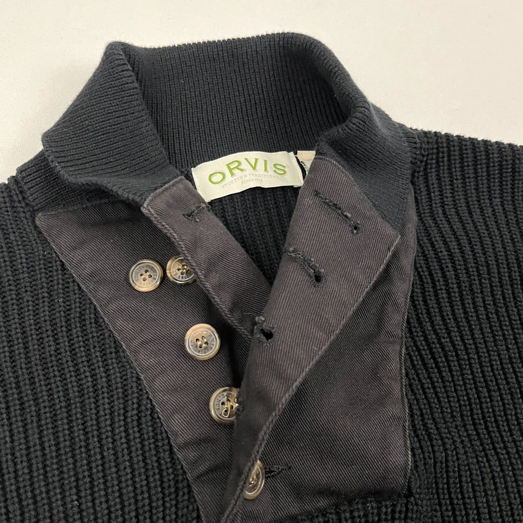 Orvis Orvis Sweater Mens M Black Heavy Knit Elbow Pad Commando Henley Shawl Pullover Size US M / EU 48-50 / 2 - 4 Thumbnail