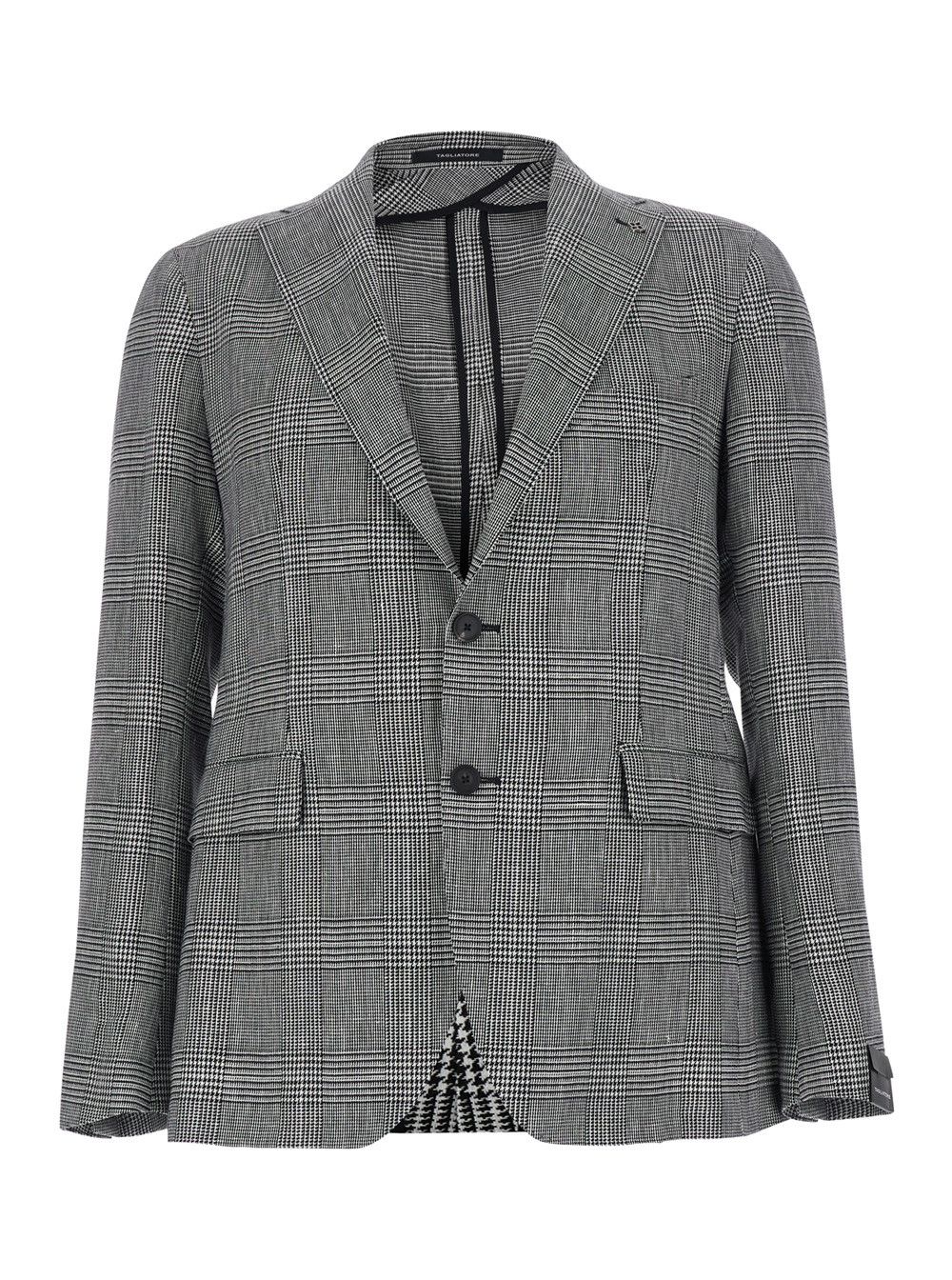 Tagliatore Grey Single-breasted Jacket with Notched Revers and All-Over Houndstooth Motif in Cotton and Linen Men Size US XL / EU 56 / 4 - 1 Thumbnail