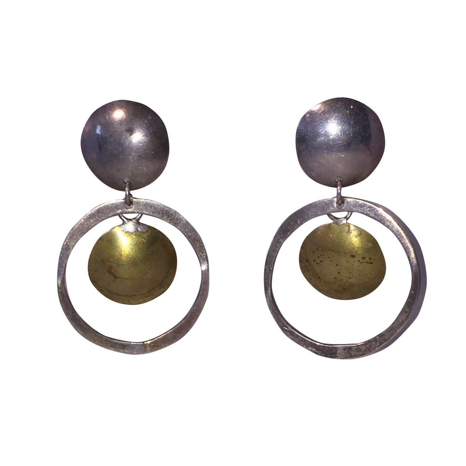 Handmade Mexican Brutalist Sterling & Brass Disc Hoop Earrings Size ONE SIZE - 1 Thumbnail