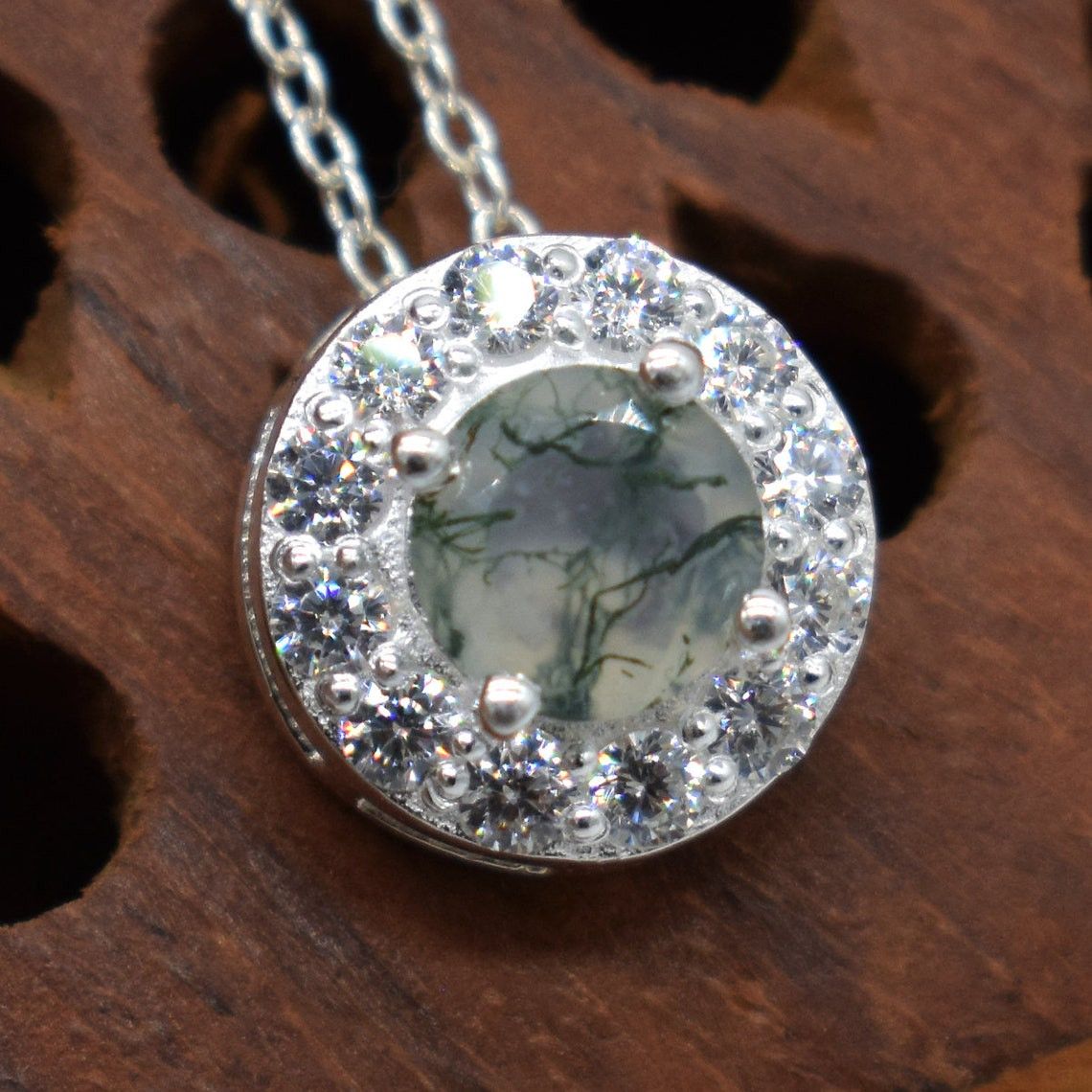 Handmade Moss Agate Pendant: Round Gemstone, 925 K Silver Necklace Size ONE SIZE - 1 Thumbnail