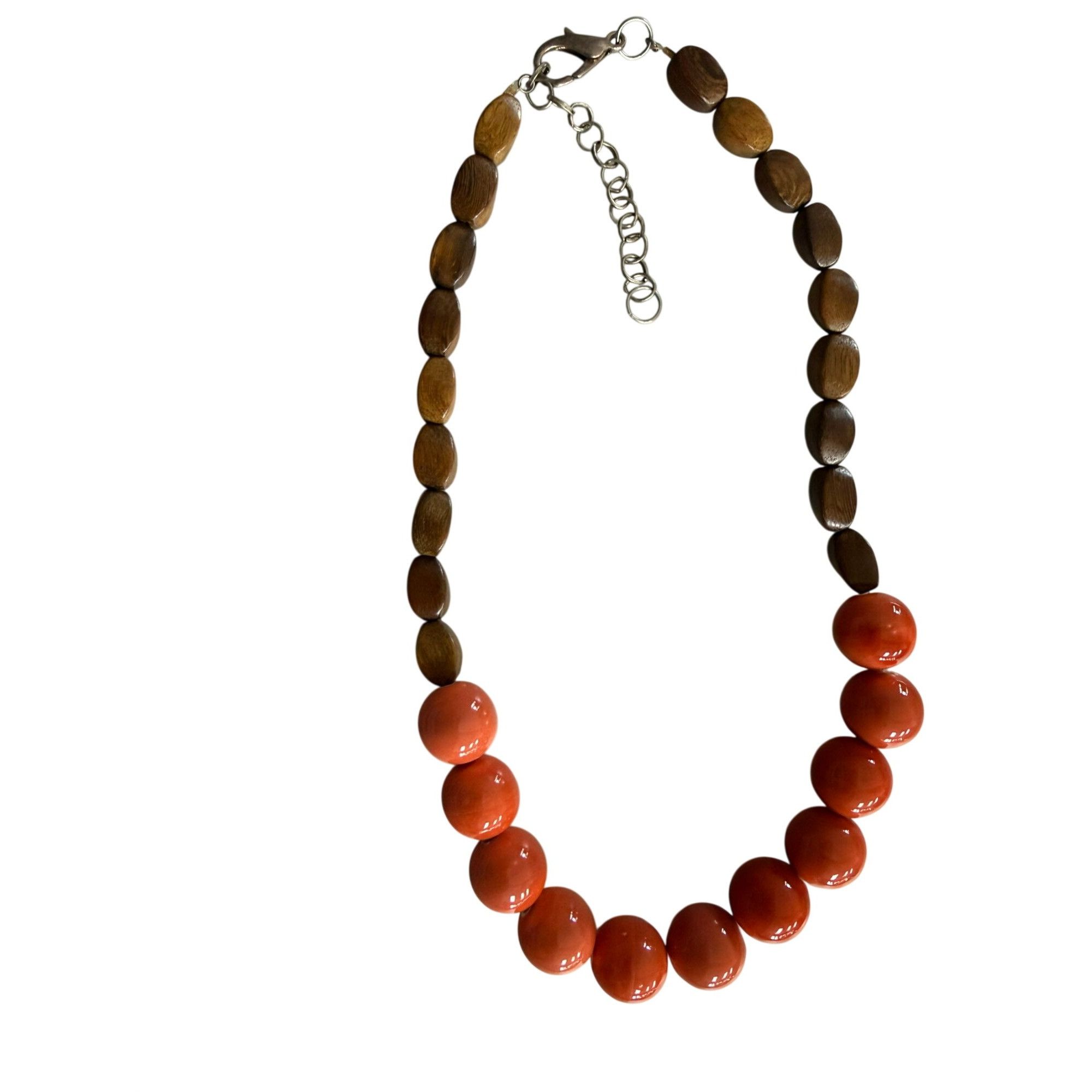 Handmade Wood & Orange Ceramic Beaded Necklace With Adjustable Lobste Size ONE SIZE - 1 Thumbnail