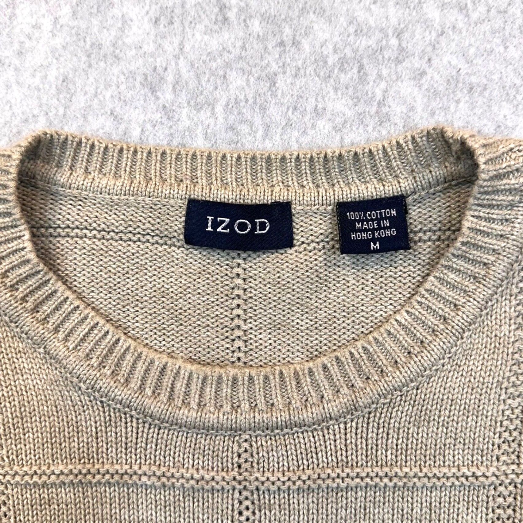 Izod VINTAGE IZOD BeIge Cotton Grid Knit Sweater Mens Medium Cre w Neck Cable Knit 90s Pullover logo Embroidered Size US M / EU 48-50 / 2 - 5 Thumbnail