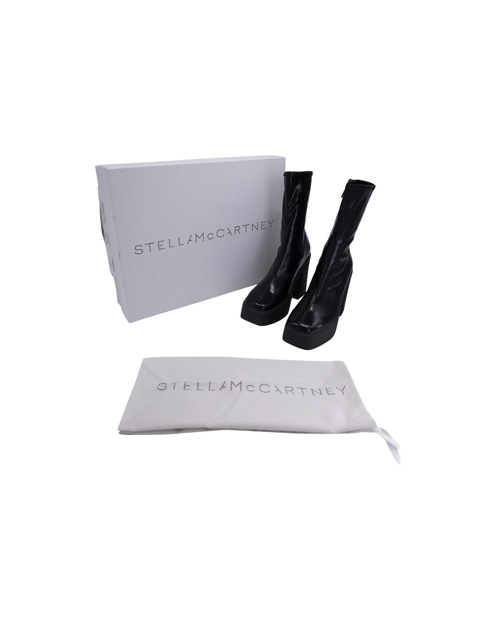 image of Stella Mccartney Mid-Calf Stretch Platform Boots In Black Faux Leather, Women's (Size 7)