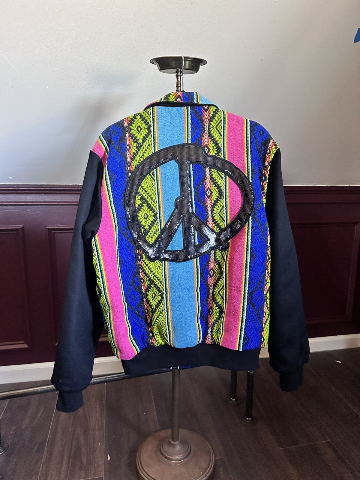 Bossi Sportswear CASHMERE sleeve SEQUIN peace sign WOVEN bomber jacket NWT Size US M / EU 48-50 / 2 - 3 Thumbnail