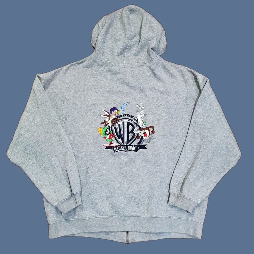 VINTAGE Warner Bros. Studio Store Hoodie Mens 2XL Gray Full Zip Looney Tunes Y2K