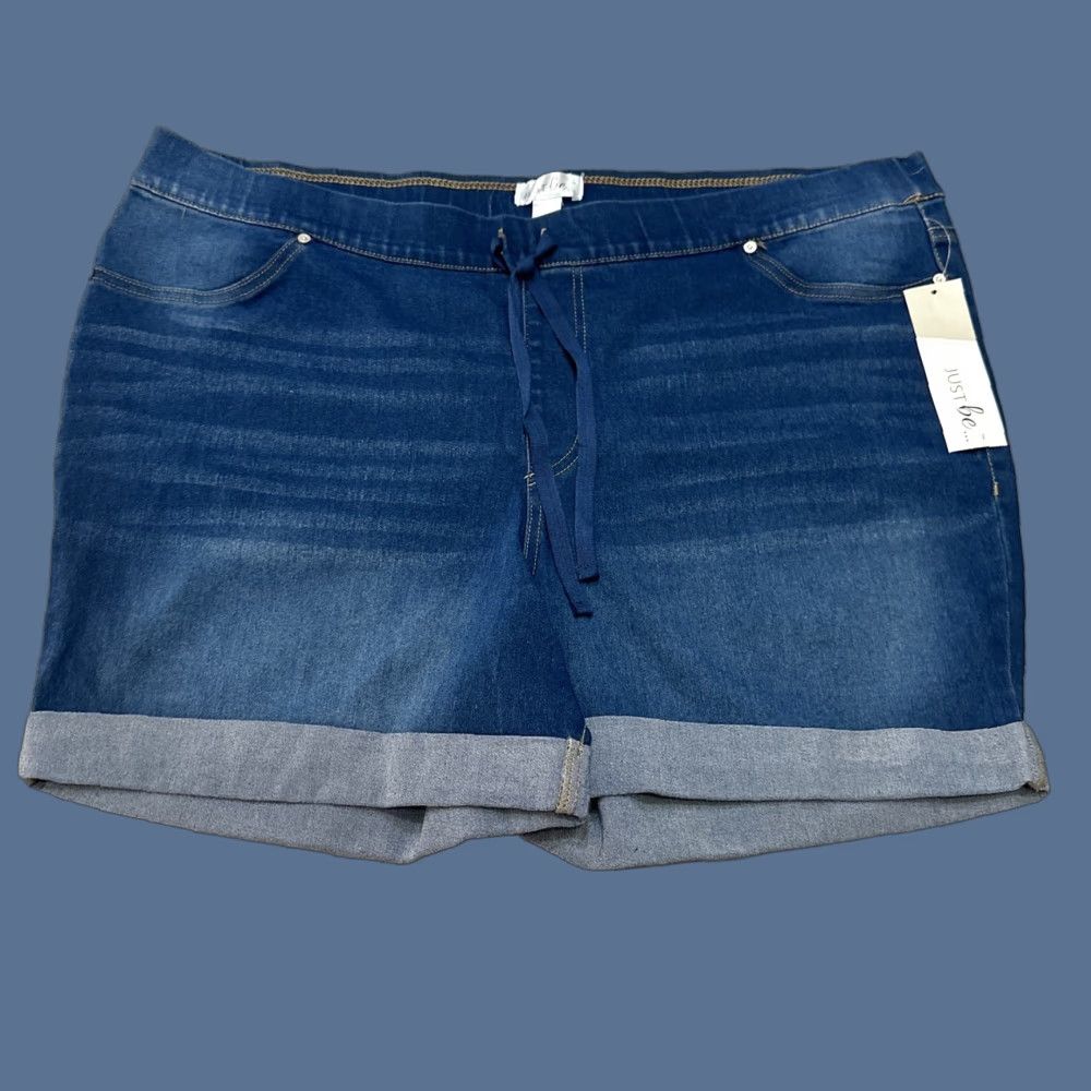 Denime Just Be Shorts 3X Denim Blue Cotton Blend Stretch Pull On Waist Drawcord Pocket Faux Front Casual Size 40" / US 18 - 1 Thumbnail