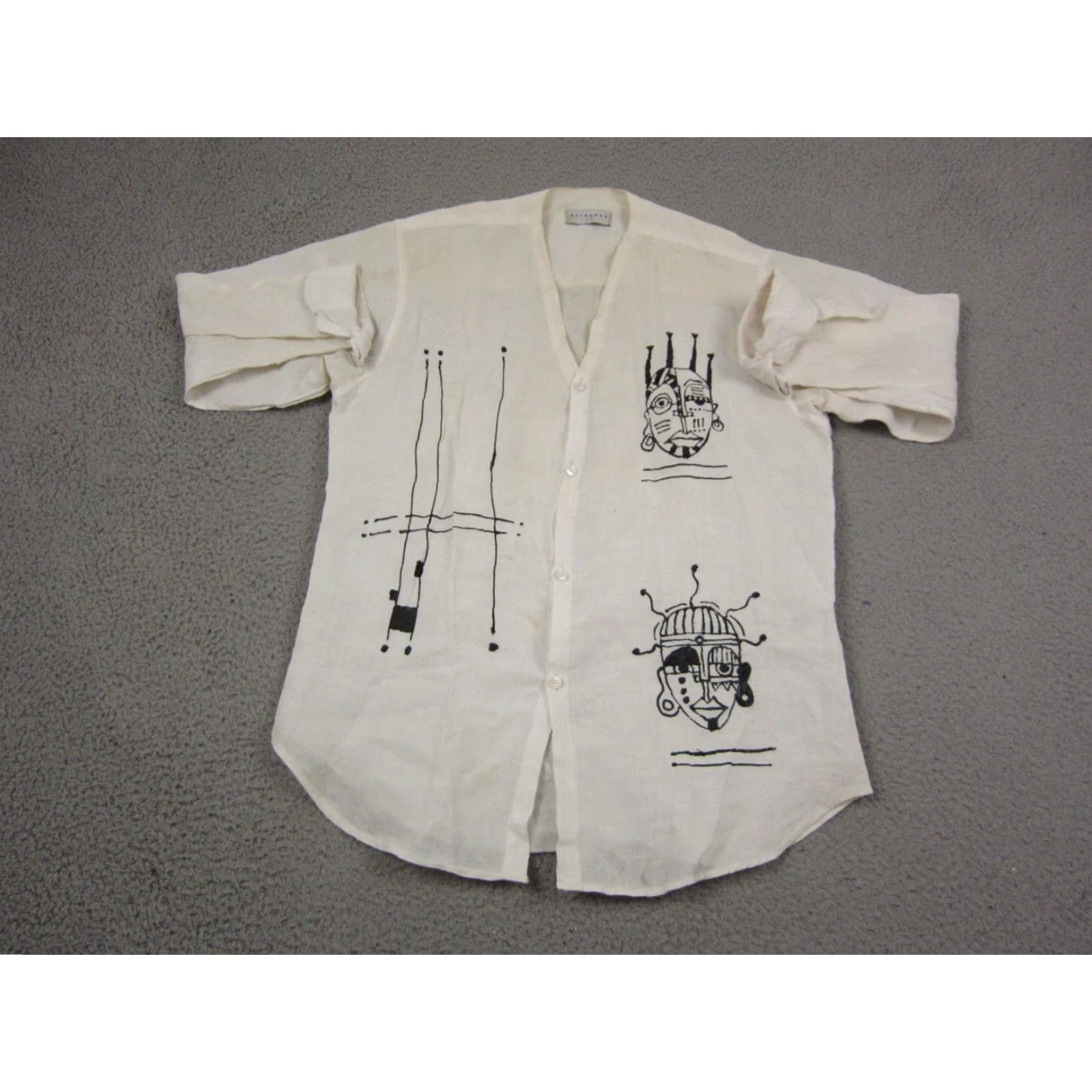 CO VINTAGE Metroman Shirt Mens S White Abstract Face Print Art Linen Ethnic Button-Up Long Sleeve Collared 70s Classic Shirt Mens Size US S / EU 44-46 / 1 - 2 Thumbnail