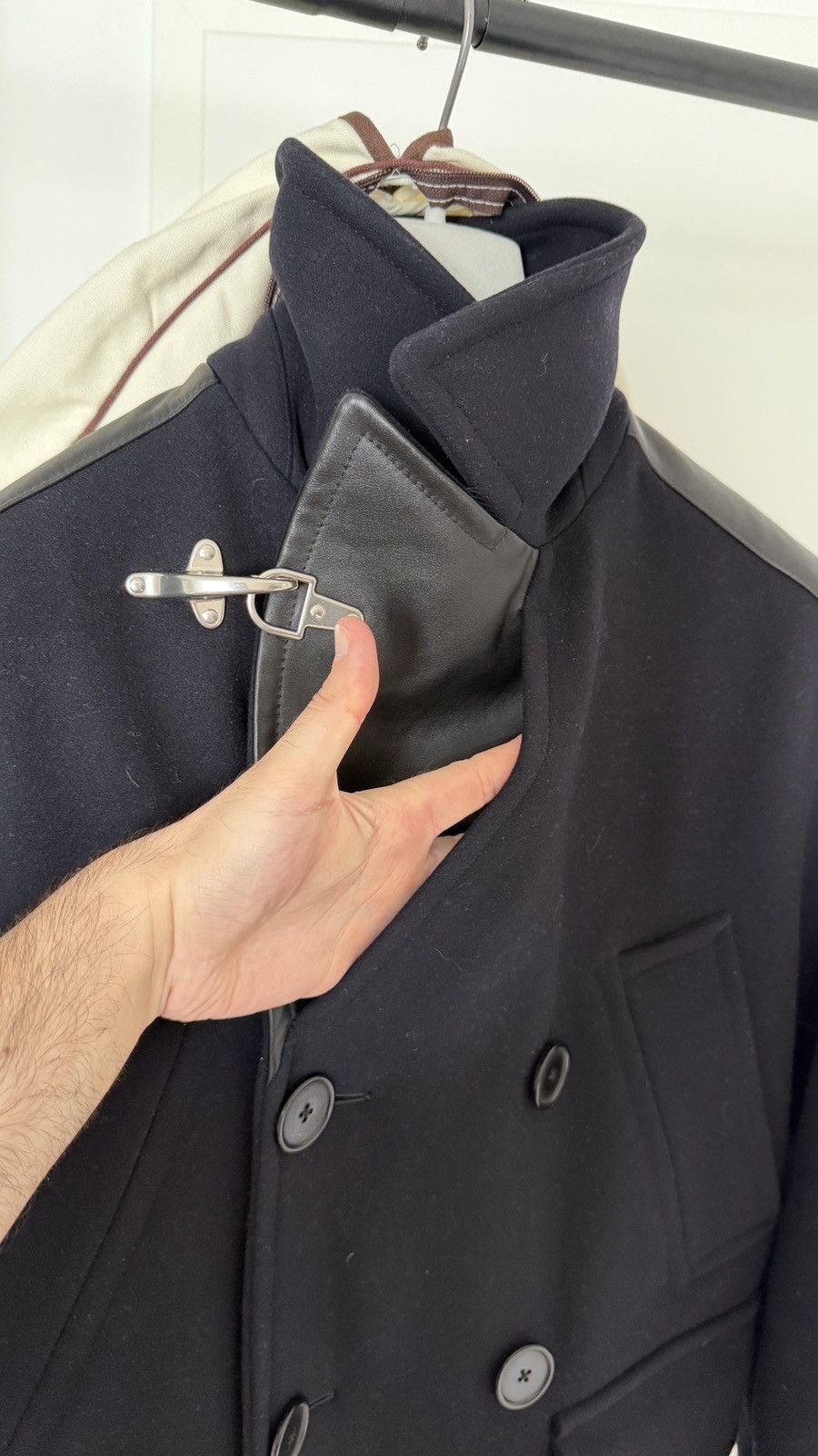 Hermes $8,900 FW23 Navy Black Leather and Wool Runway Coat Size US M / EU 48-50 / 2 - 6 Thumbnail