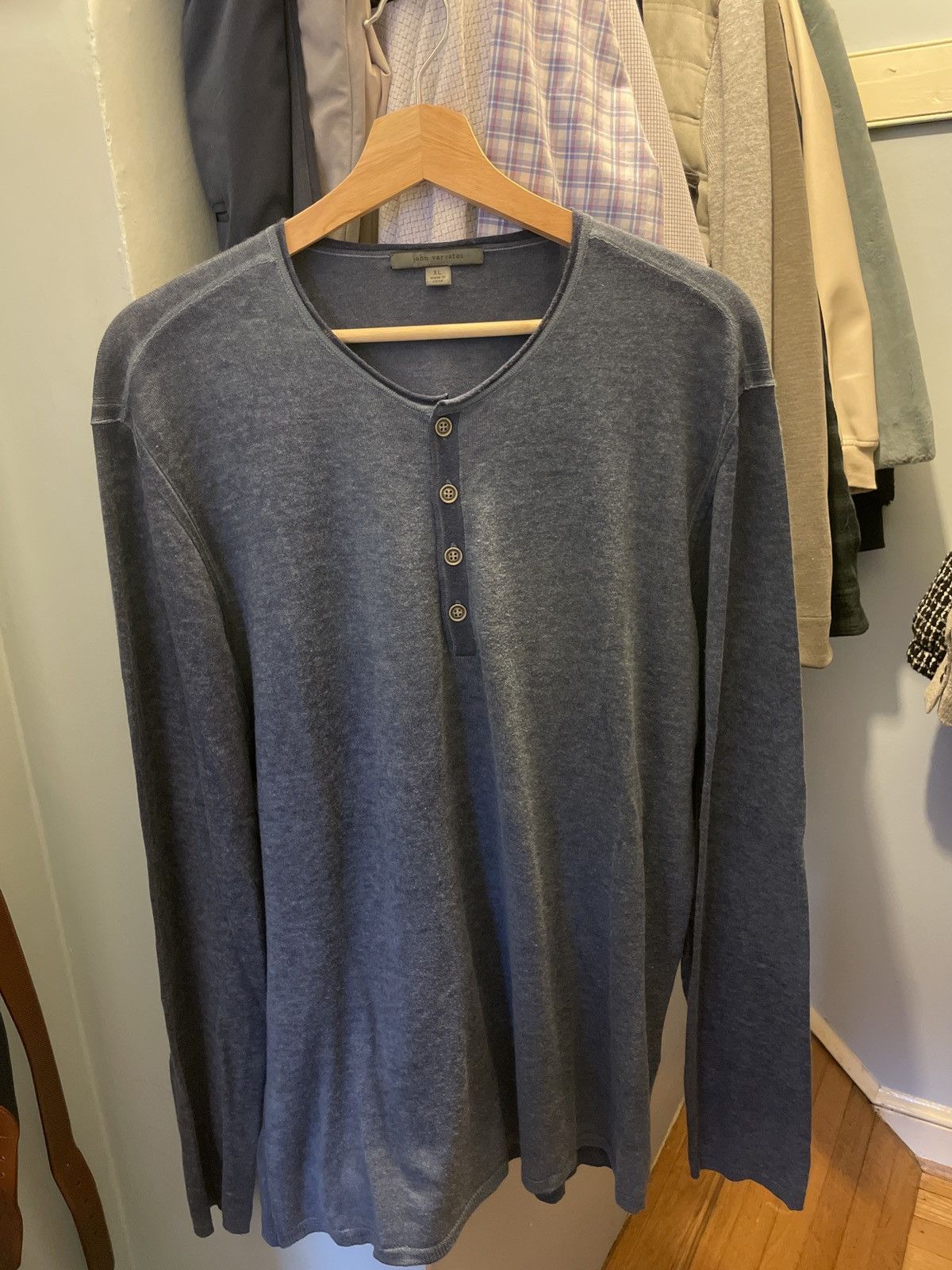 image of John Varvatos Silk Cashmere Henley Sweater in Blue, Men's (Size XL)