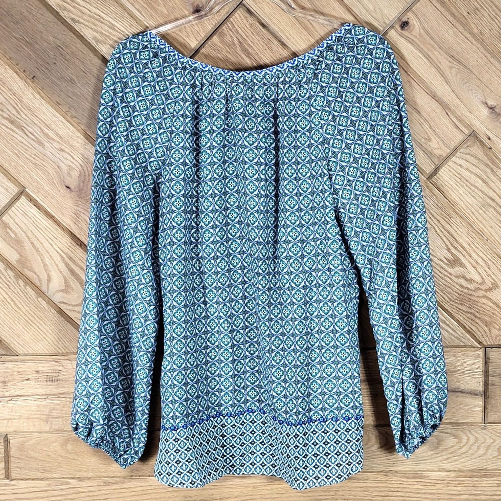 Vintage Max Studio Womens Medium Geometric Blouse - Blue Boho Peasant Size M / US 6-8 / IT 42-44 - 4 Thumbnail