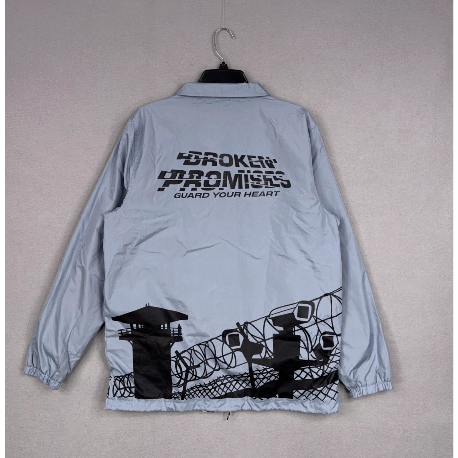Broken Promises Co. VINTAGE Broken Promises Coach Jacket Mens M Gray Guard Your Heart Scorpion Graphic Windbreaker Snap Front Size US M / EU 48-50 / 2 - 6 Thumbnail