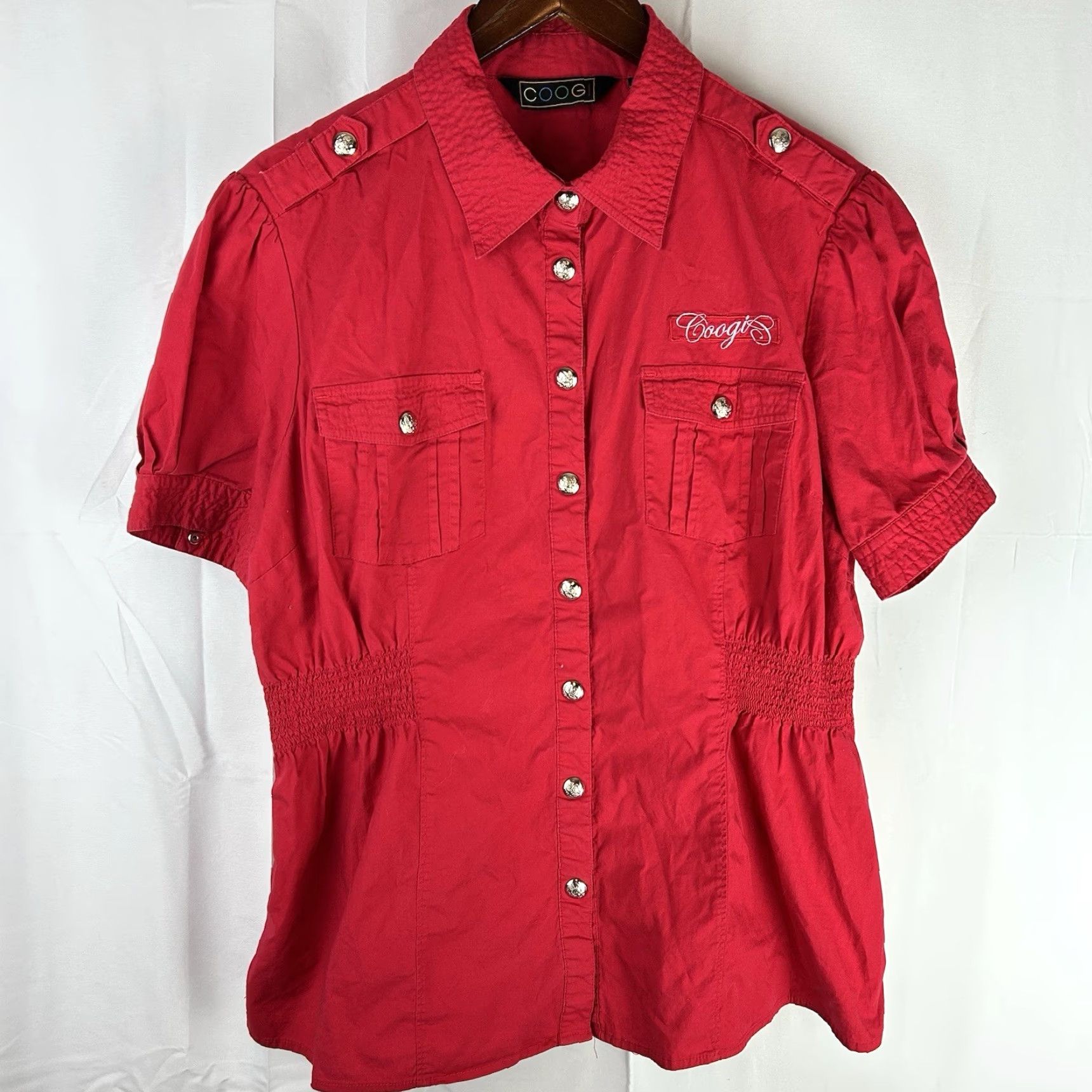 VINTAGE COOGI Womens 2X Shirt Rhinestone Logo Belted Red Snap Front 90s Hip  Hop Clubwear Pockets