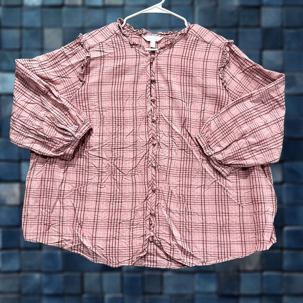 Vintage LC Lauren Conrad Blouse Womens 2X Pink Plaid Button Front Ruffle Balloon Sleeve Knit Cotton Blend Top Boy/Girls Women Size XXL / US 16-18 / IT 52-54 - 1 Thumbnail