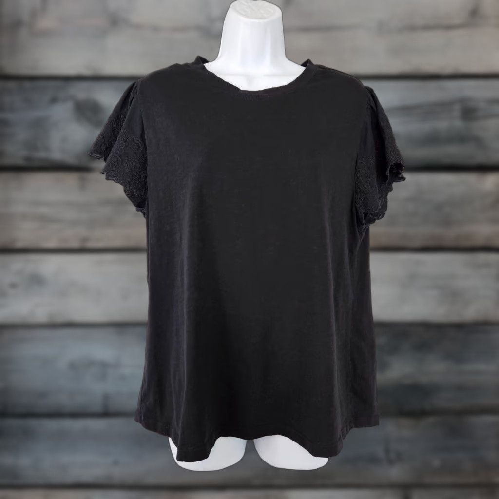 Soft Surroundings Soft Surroundings Womens Top Shirt Womens L Black Solid Embroidered Short Sleeve Cap 25" Length 20.5" Width Size L / US 10 / IT 46 - 1 Thumbnail