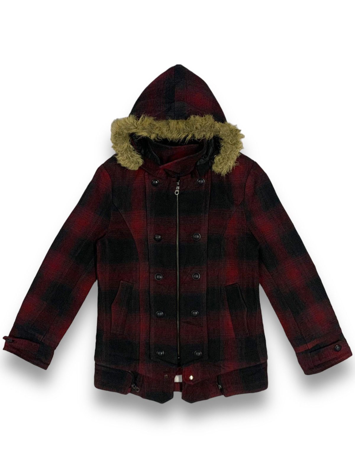 If Six Was Nine Vintage Black Baccara Checkered Faux Fur Hooded Punk Jacket Size US M / EU 48-50 / 2 - 1 Thumbnail