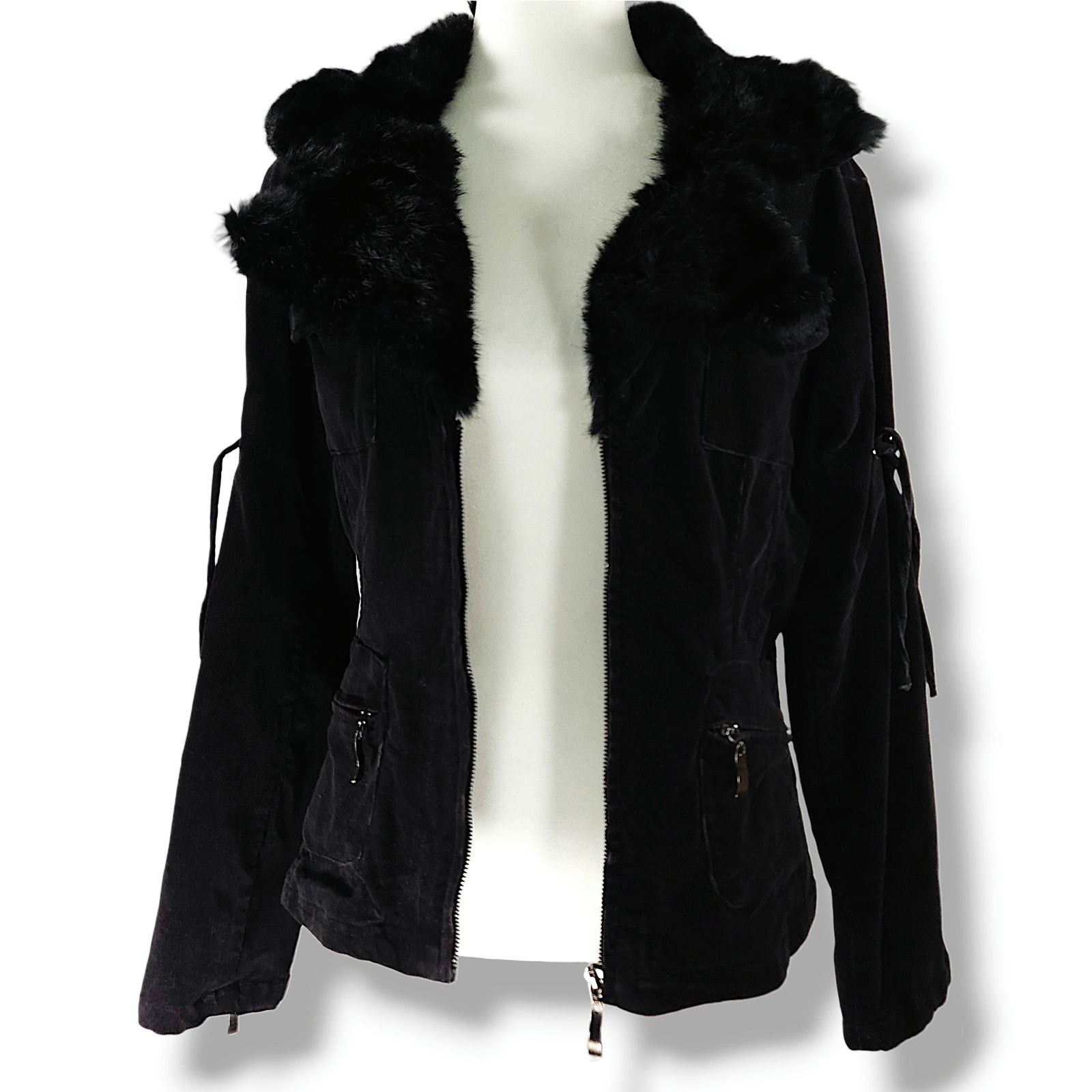 Other Jennyfer.J Corduroy Jacket Rabbit Fur Trim Black Y2K M Size M / US 6-8 / IT 42-44 - 4 Thumbnail