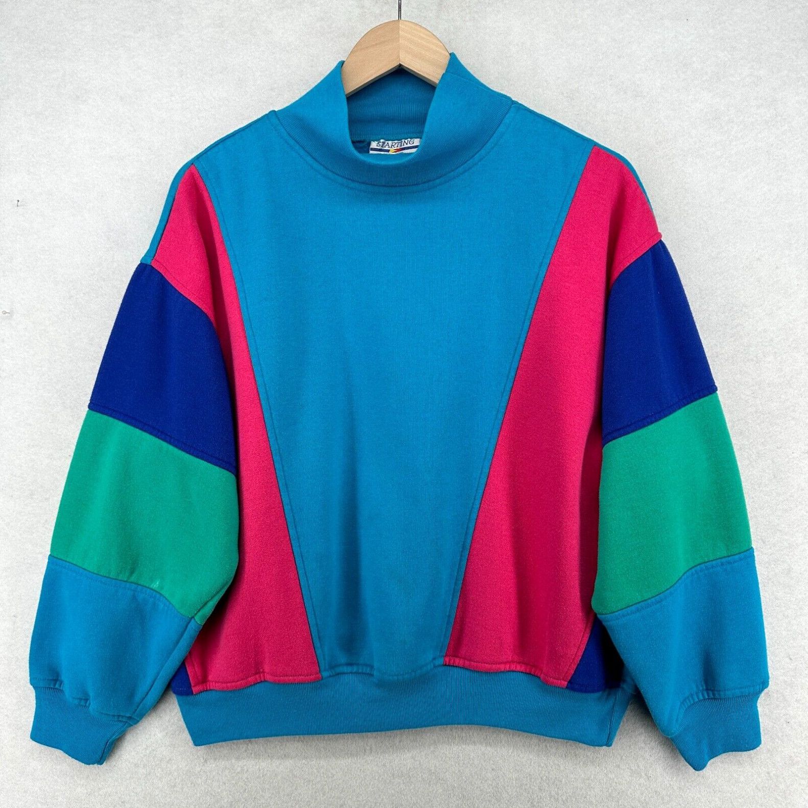 image of Vintage VTG 80's Starting Point Sweatshirt Adult L Colorblock Mock Neck Blue Pink in White (Size La