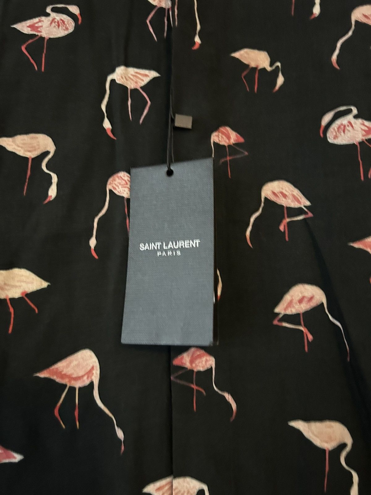 Saint Laurent Paris Saint Laurent Flamingo Print Button-Up Shirt, Black, Viscose Size US L / EU 52-54 / 3 - 12 Thumbnail