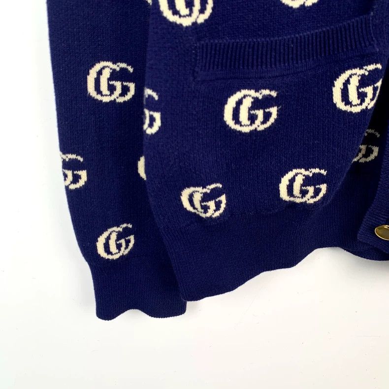Gucci Gucci Dark blue logo jacquard full-print V-neck cotton knit Size US S / EU 44-46 / 1 - 4 Thumbnail