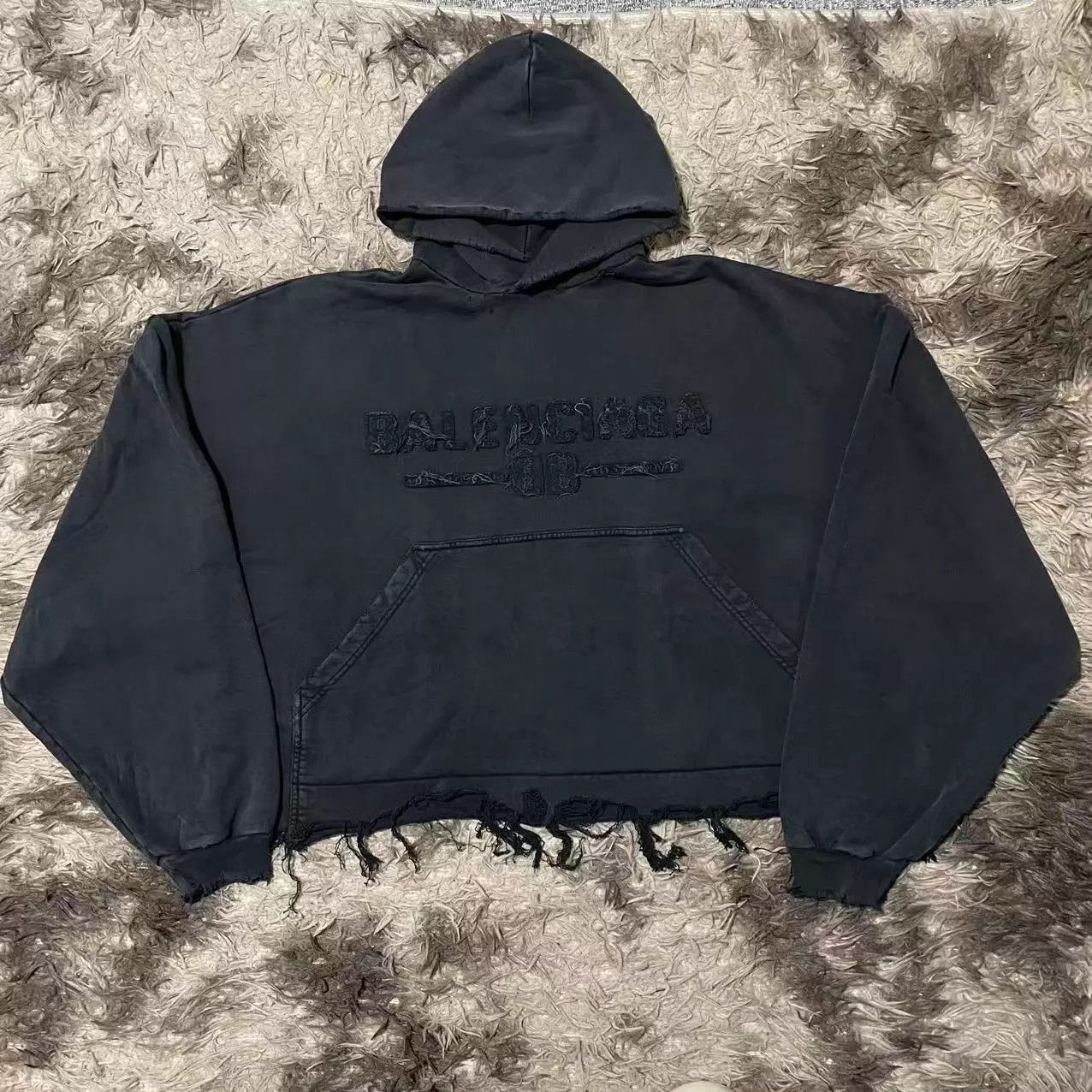 Balenciaga Balenciaga New Year 25 Black Ink Distressed Hem Short Hoodie Size US XL / EU 56 / 4 - 1 Thumbnail