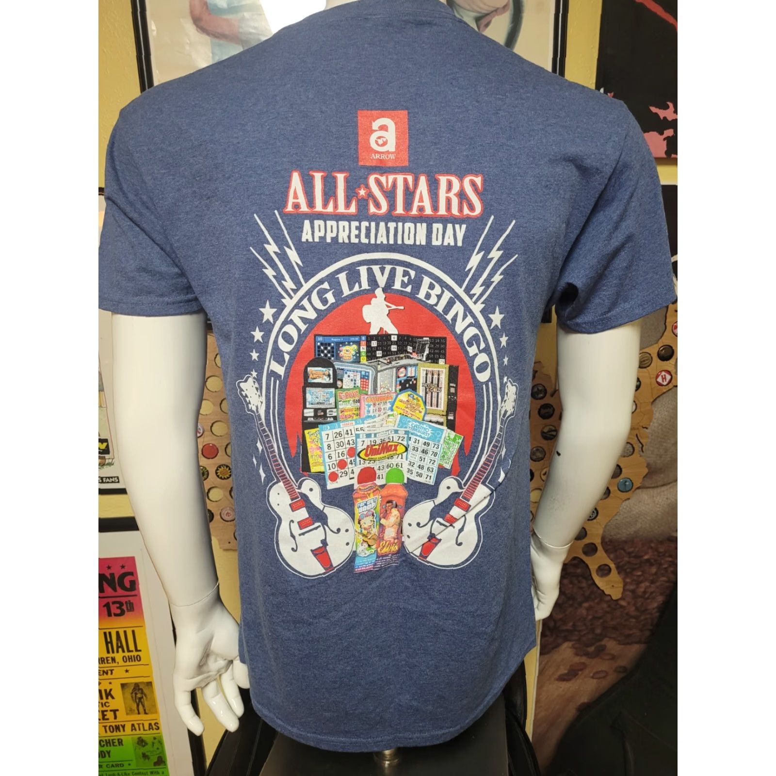 Jerzees JERZEES T-Shirt Arrow Bingo All-Stars Elvis Rock N Roll Medium Mens Graphic Tee Crew Neck Short Sleeve Gray / Blue Cotton Blend Size US M / EU 48-50 / 2 - 2 Thumbnail