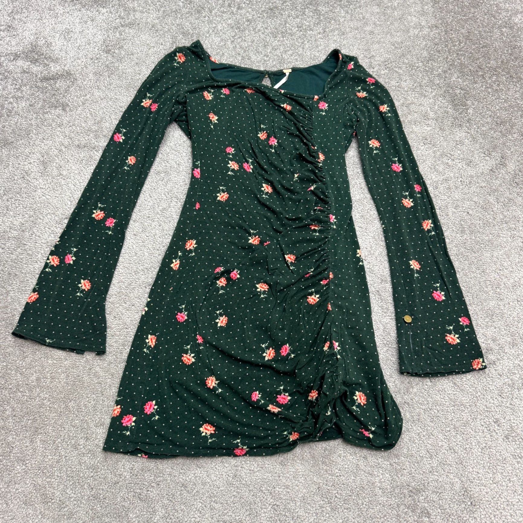 Free People Free People Floral Polka Dot Ruched Long Sleeve Mini Dress Womens S Green Size S / US 4 / IT 40 - 2 Thumbnail