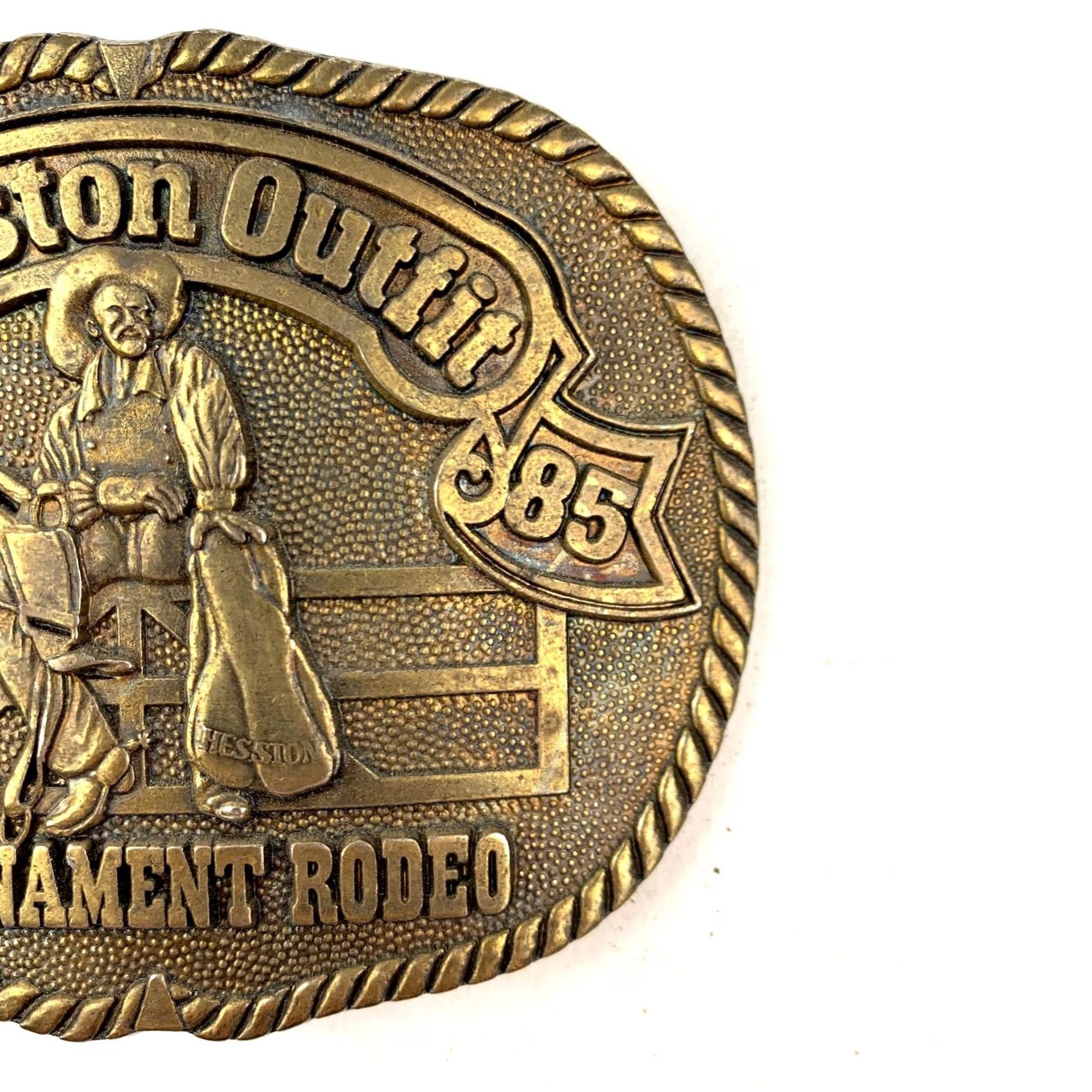 Vintage Hesston Outfit Tournament Rodeo Metal Belt Buckle 1985 Series #1 PRCA Men Western Buckle Metal Scuffing Condition Size ONE SIZE - 3 Thumbnail