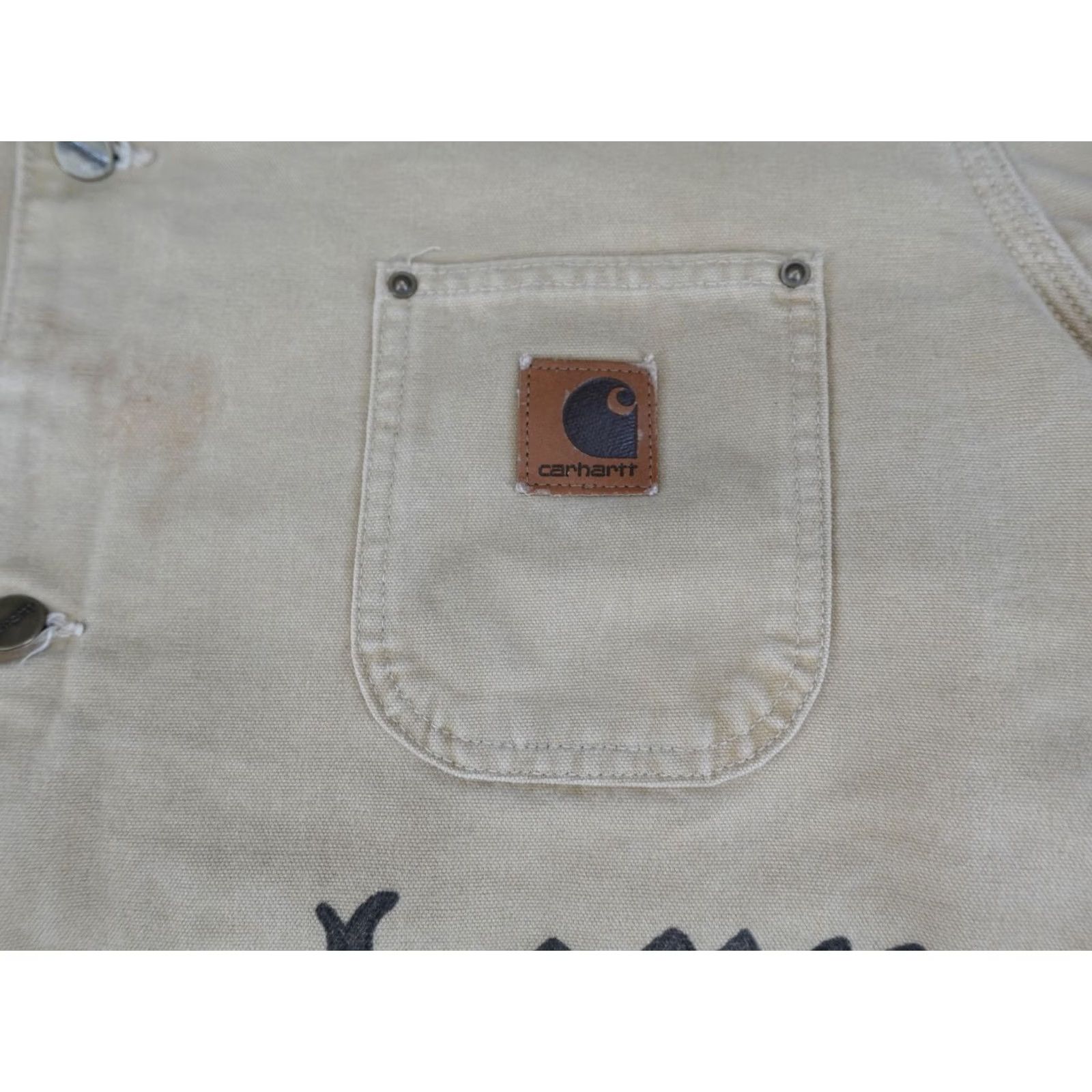 Carhartt VINTAGE Carhartt Jacket Mens LT Beige Duck Canvas Chore Coat Fire Flames Hand-Painted Logo Pockets Lined Insulated Workwear Size US L / EU 52-54 / 3 - 4 Thumbnail