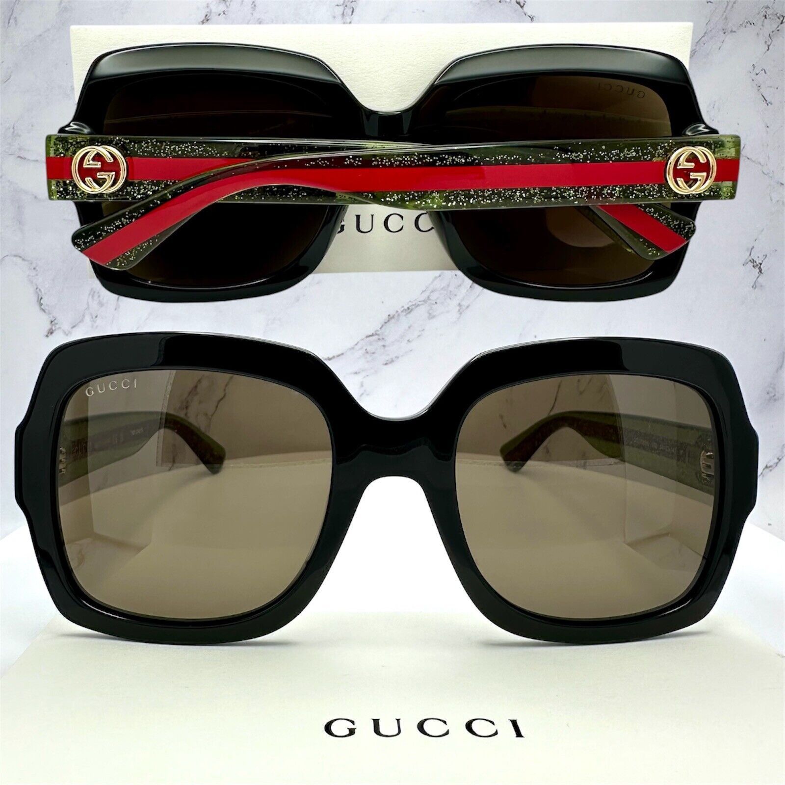 Gucci New Gucci Sunglasses Black Square Red Green Web Arms Gold Size ONE SIZE - 22 Thumbnail
