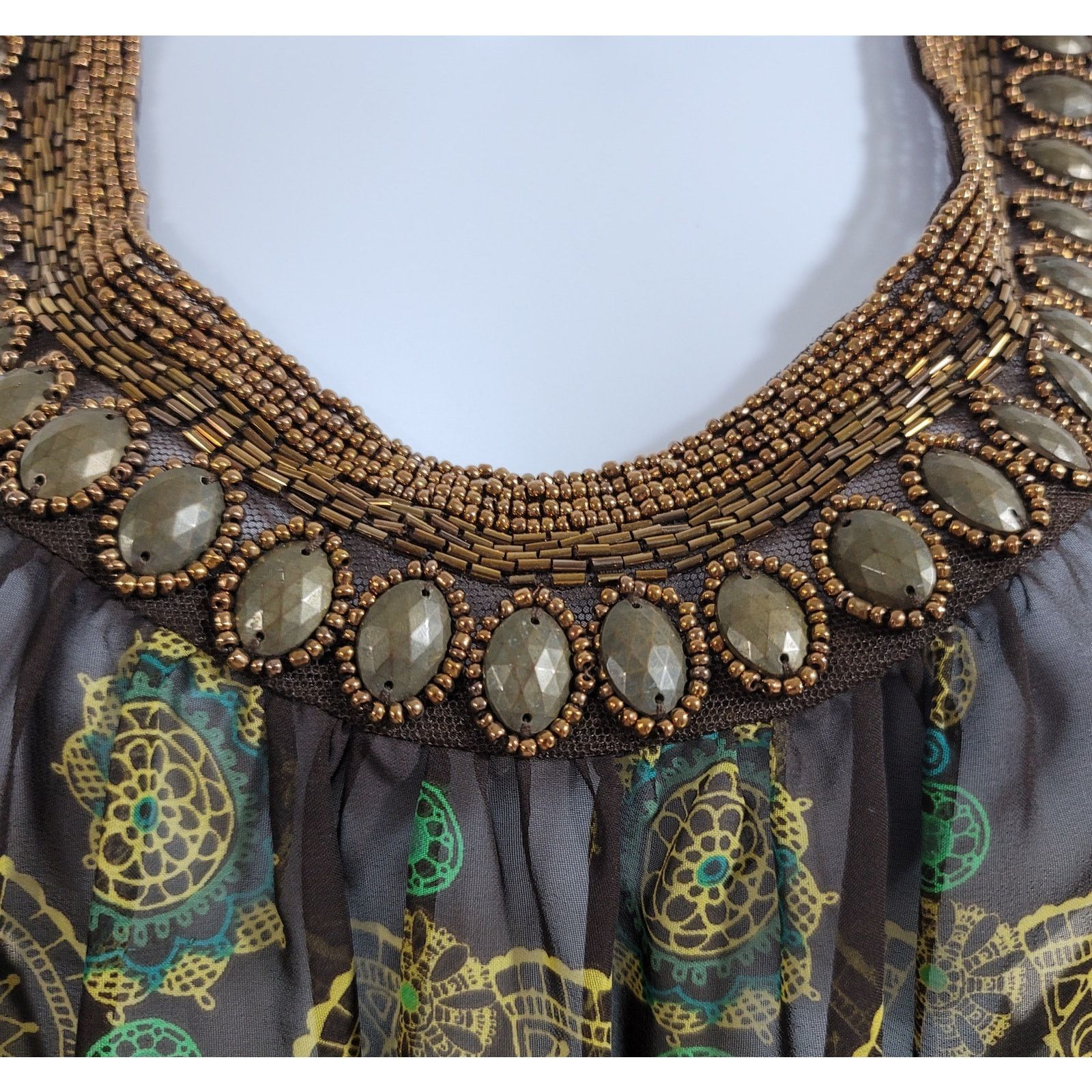 Other Twentyone Brown Green Sheer Beaded Neckline Top Medium Size M / US 6-8 / IT 42-44 - 2 Thumbnail