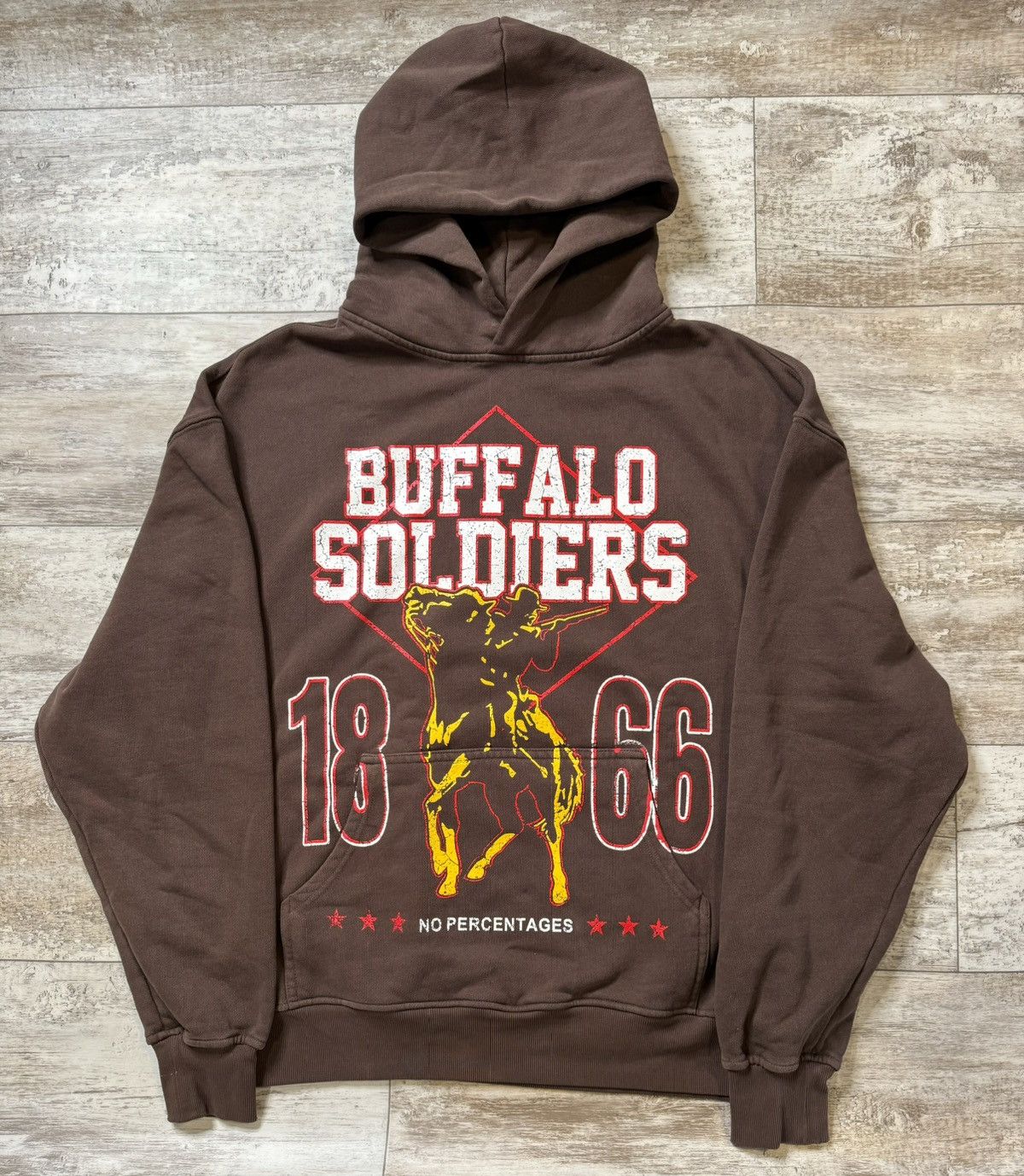 image of Band Tees x Vintage No Percentages Buffalo Soldiers Brown Heavyweight Hoody, Men's (Size Small)