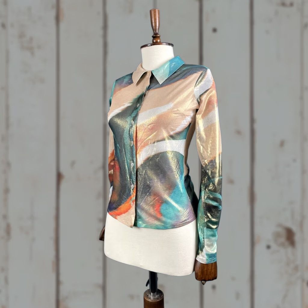Desigual Desigual Blouse Shirt Women's XL Multicolor Abstract Print Polyester Button-Up Collared Casual Sleeve Size XL / US 12-14 / IT 48-50 - 1 Thumbnail