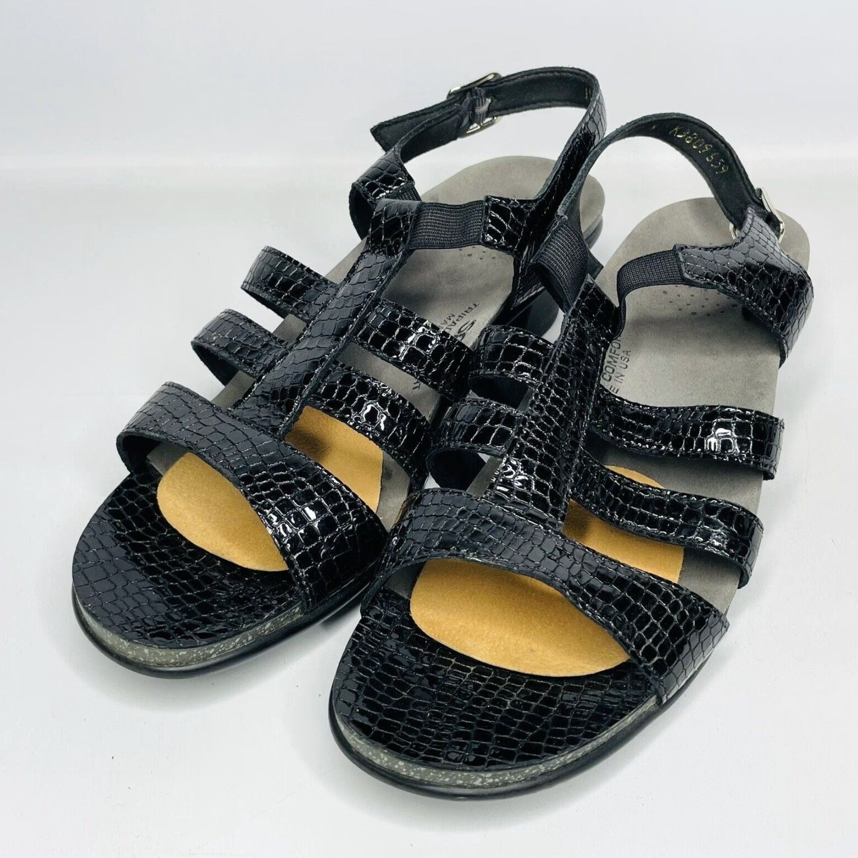 SAS VINTAGE SAS Tripad Allegro Black Patent Leather Croc Snake Print Heel Sandals Sz 10 N Size US 10 / IT 40 - 2 Thumbnail