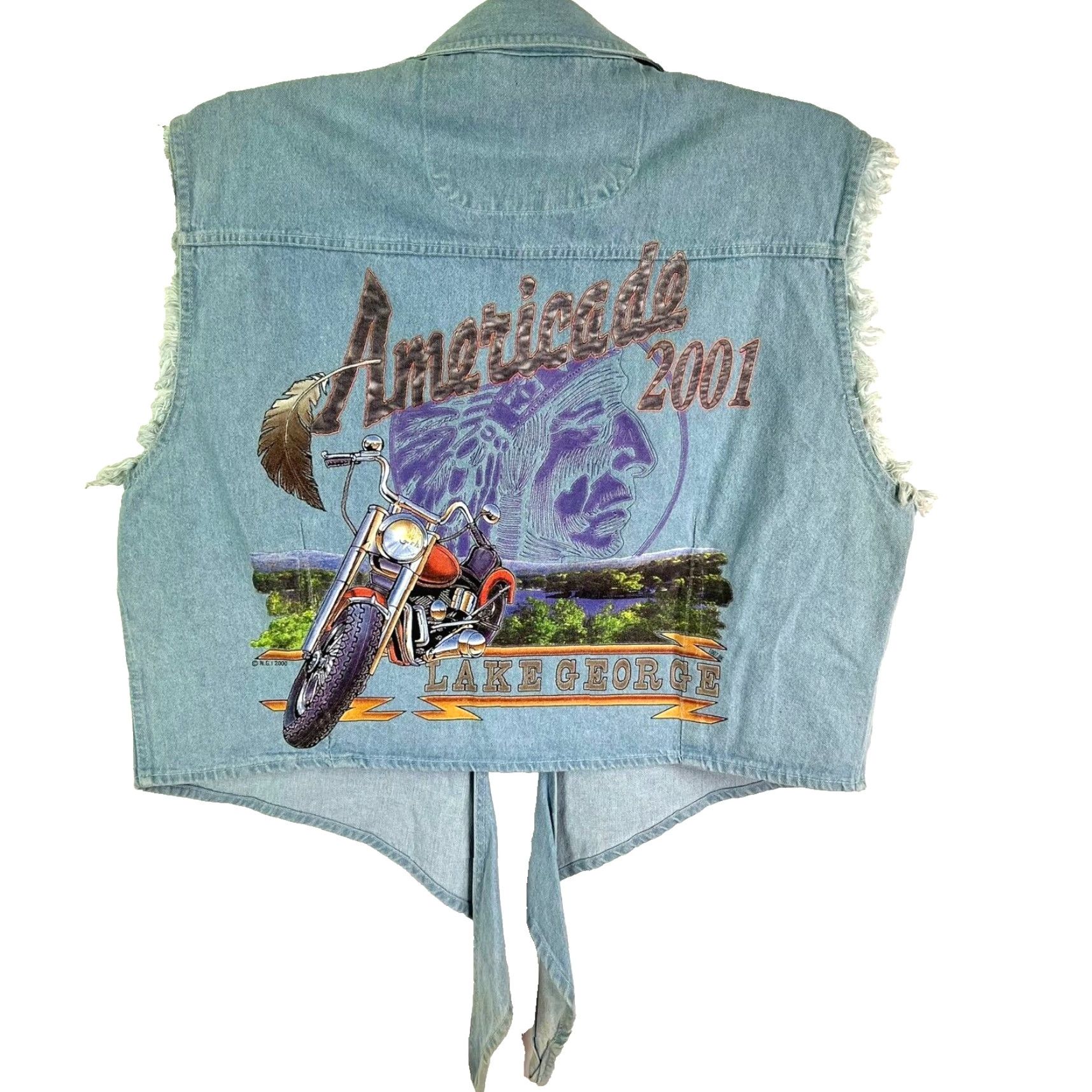 George VINTAGE Biker Design Denim Vest Womens 2001 Lake George Rally Blue Graphic Short Sleeveless XL Size XL / US 12-14 / IT 48-50 - 2 Thumbnail