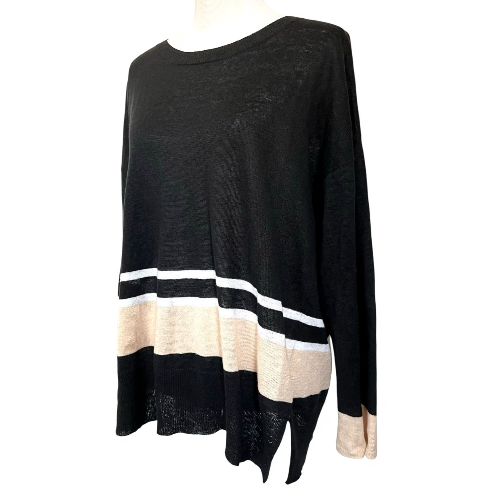 Vintage Lisa Todd 100% Linen Sweater Long Sleeve Black Beige Lightweight Plus Size 1X Woman Pullover Linen 1X Womens Black Beige Long Sleeve Size XL / US 12-14 / IT 48-50 - 2 Thumbnail