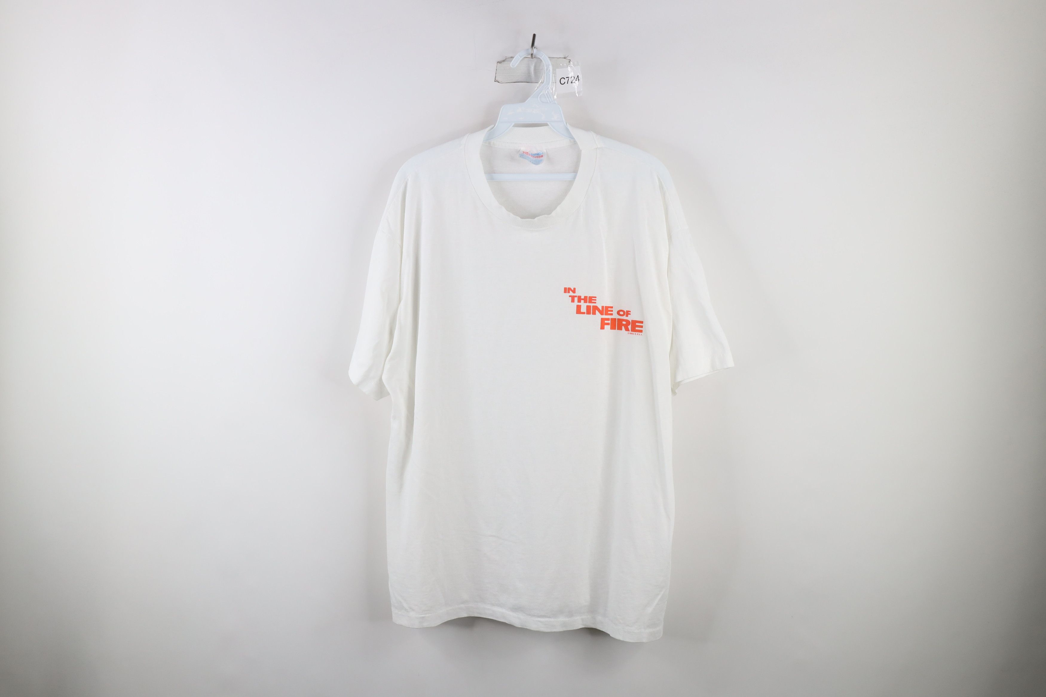 Image of Vintage 90's Spell Out In The Line Of Fire Movie T-Shirt in White, Men's (Size XL)