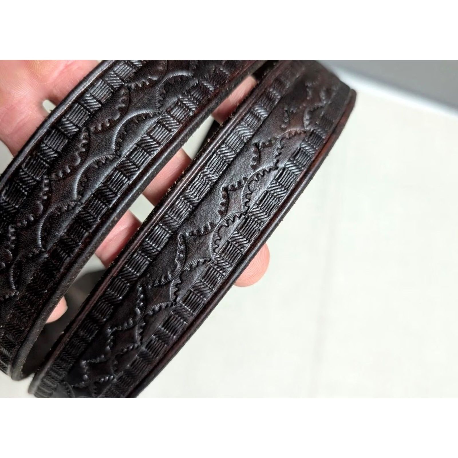 Vintage VINTAGE handcrafted WESTERN belt Geometric Leather 40 brown Size 40 - 2 Thumbnail