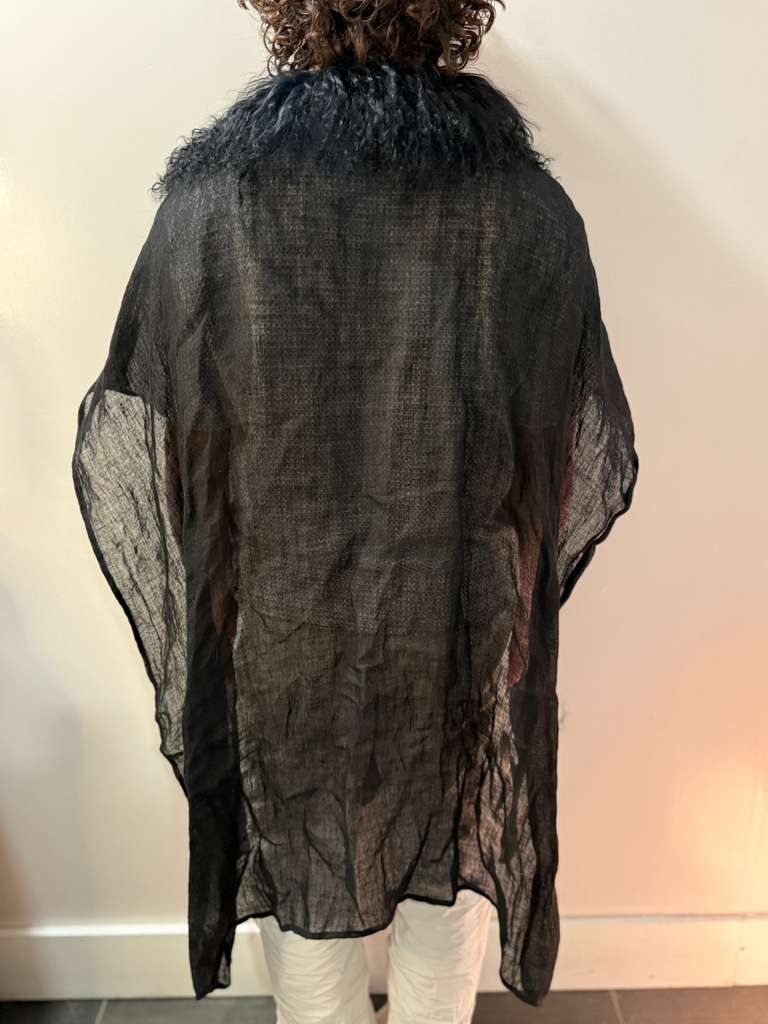 Other Black linen Poncho with real Mongolian Fur Neckline Size US XS / EU 42 / 0 - 11 Thumbnail