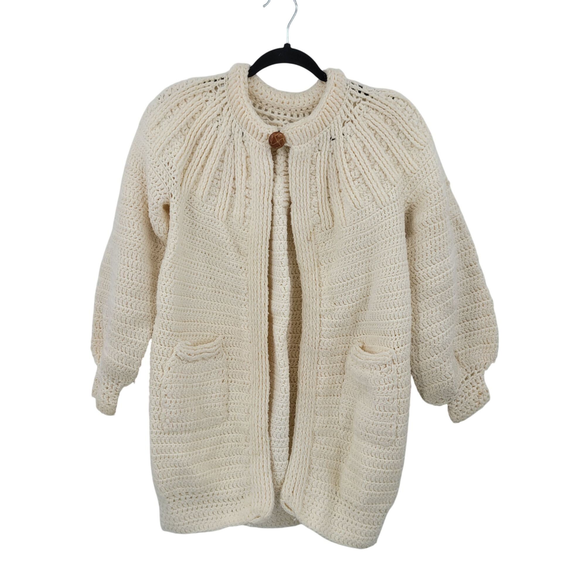 Handmade Vtg 70s Cream Handmade Coatigan Cardigan Puff Sleeve Pockets Size M / US 6-8 / IT 42-44 - 1 Thumbnail