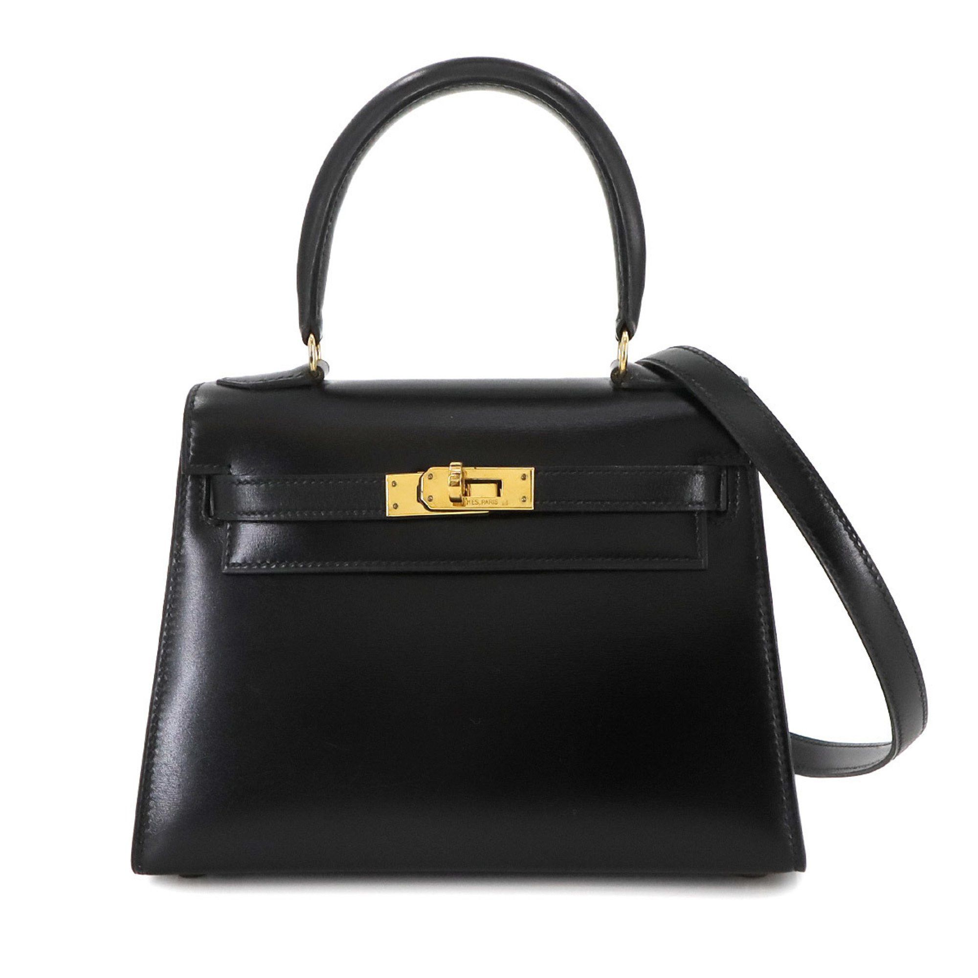 Hermes Mini Kelly 20 2Way Hand Shoulder Bag Box Calf Black External Stitching Q Stamp Made In 1987 Gold Hardware, Women's