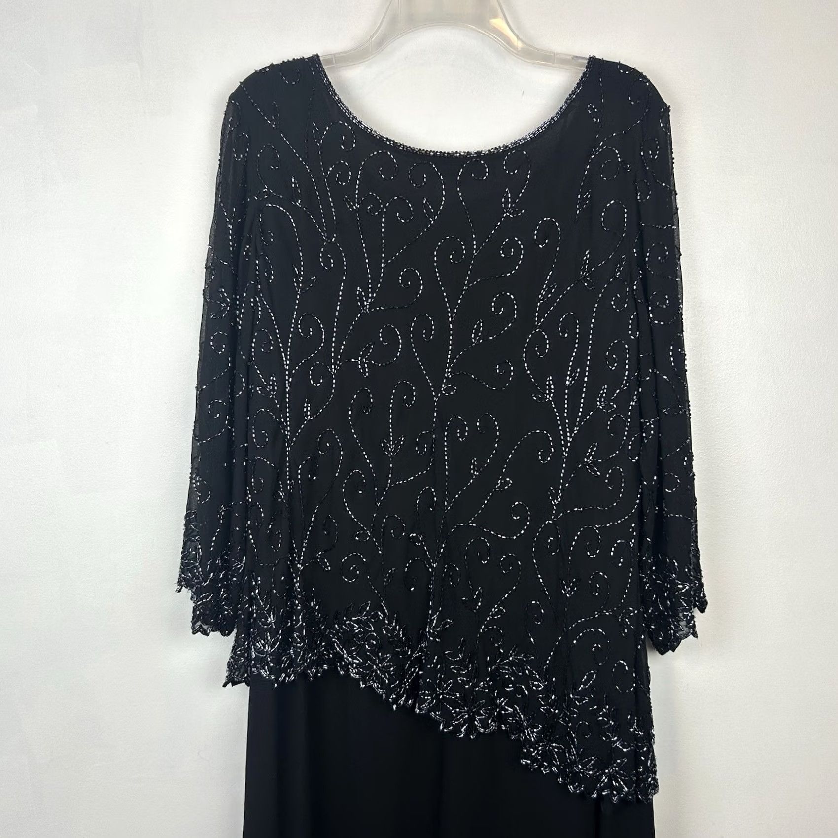 Vintage JKARA Evening Gown Womens 16W Black Chiffon Beaded Wedding Black Tie Event A-Line Long Dress 3/4 Sleeve Round Neck Formal Party/Cocktail Size XXL / US 16-18 / IT 52-54 - 6 Thumbnail