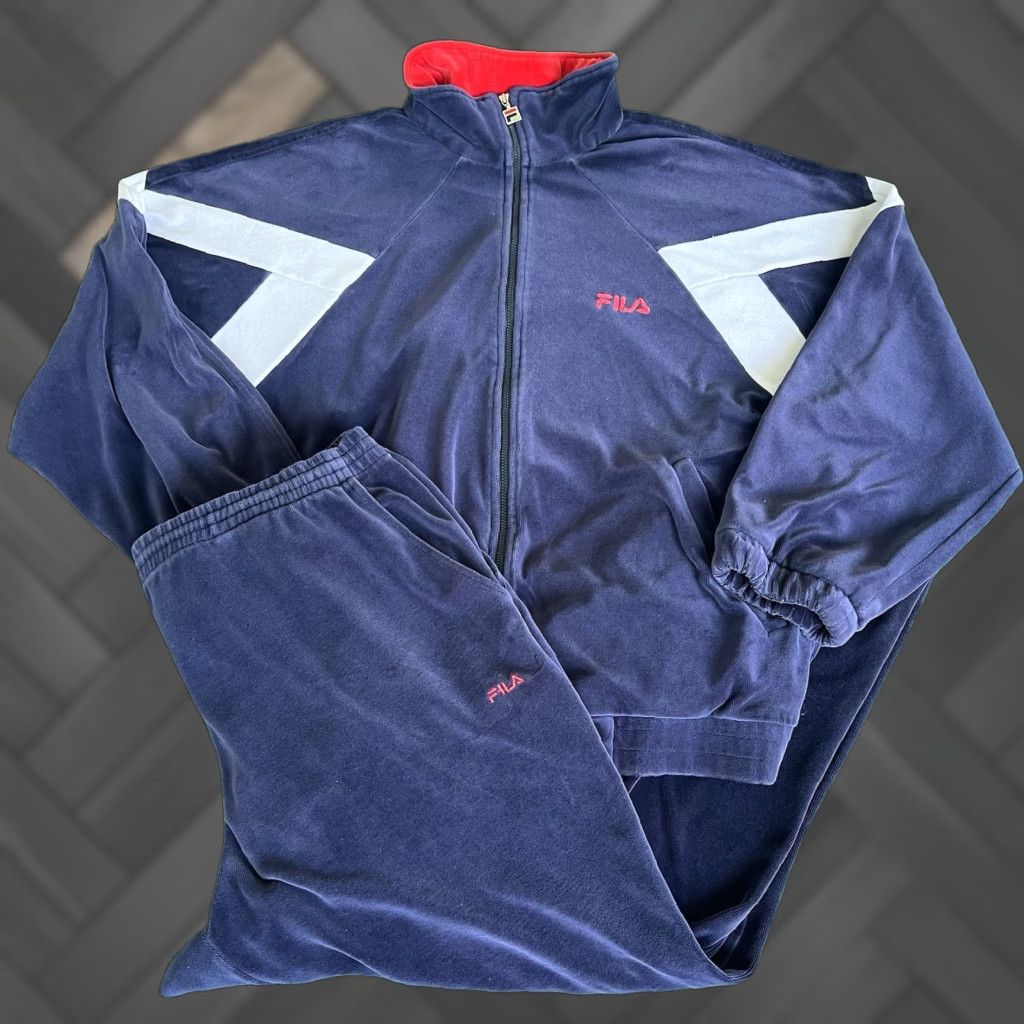 VINTAGE FILA 90s Velour Tracksuit Jacket Pants Set Red Navy Blue