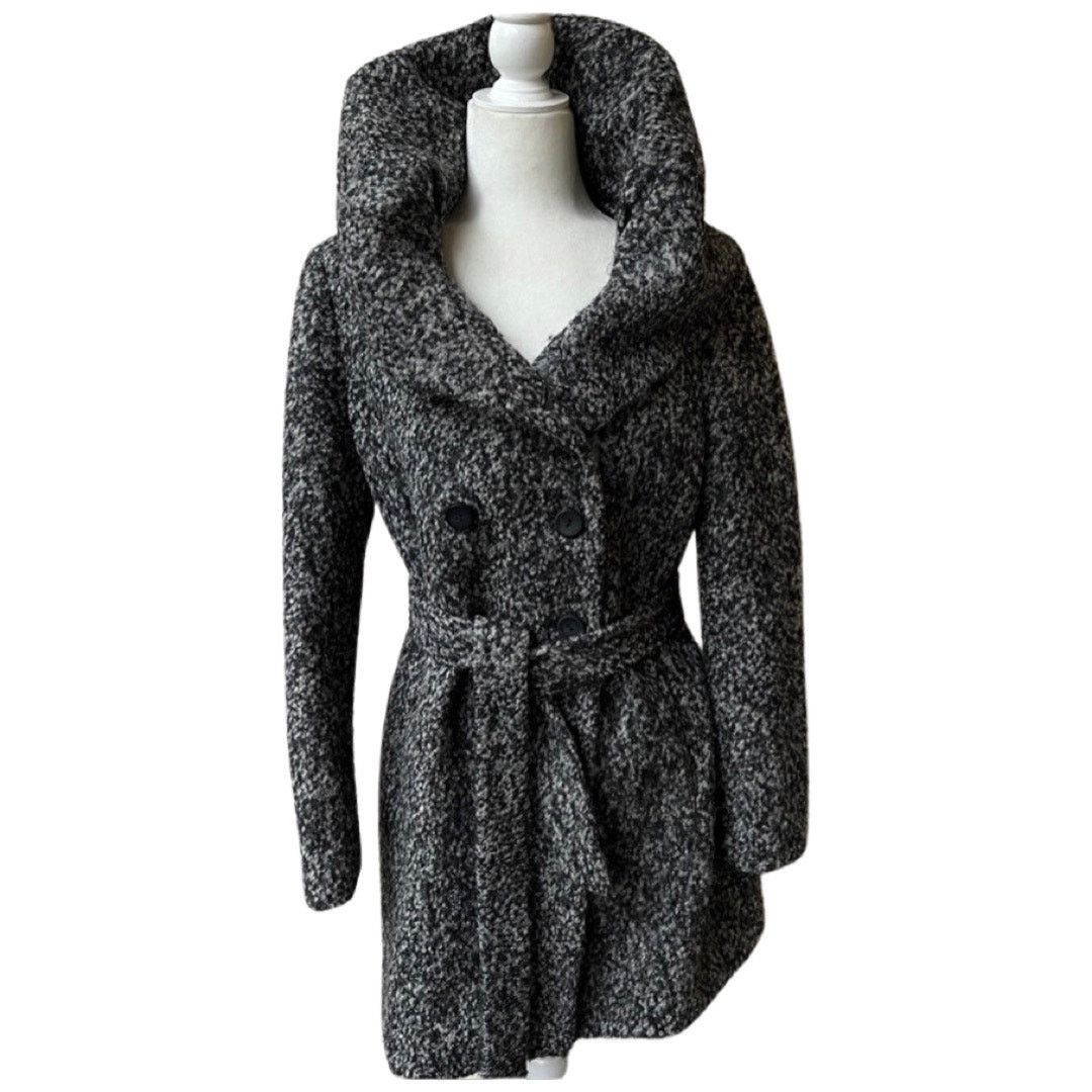 image of Calvin Klein Gray Marled Wool Winter Coat Shawl Belt Size 10 in Grey, Women's