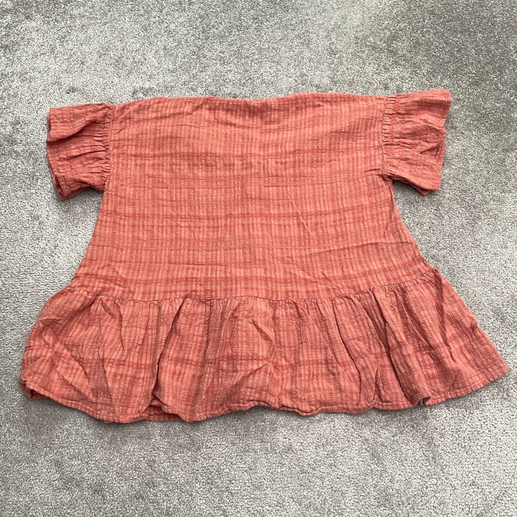 Vintage Easel Blouse Shirt Womens Small Orange Plaid Short Sleeve V-Neck Button Down Peplum Ruffle Casual Summer | Cotton Blend Size S / US 4 / IT 40 - 2 Thumbnail