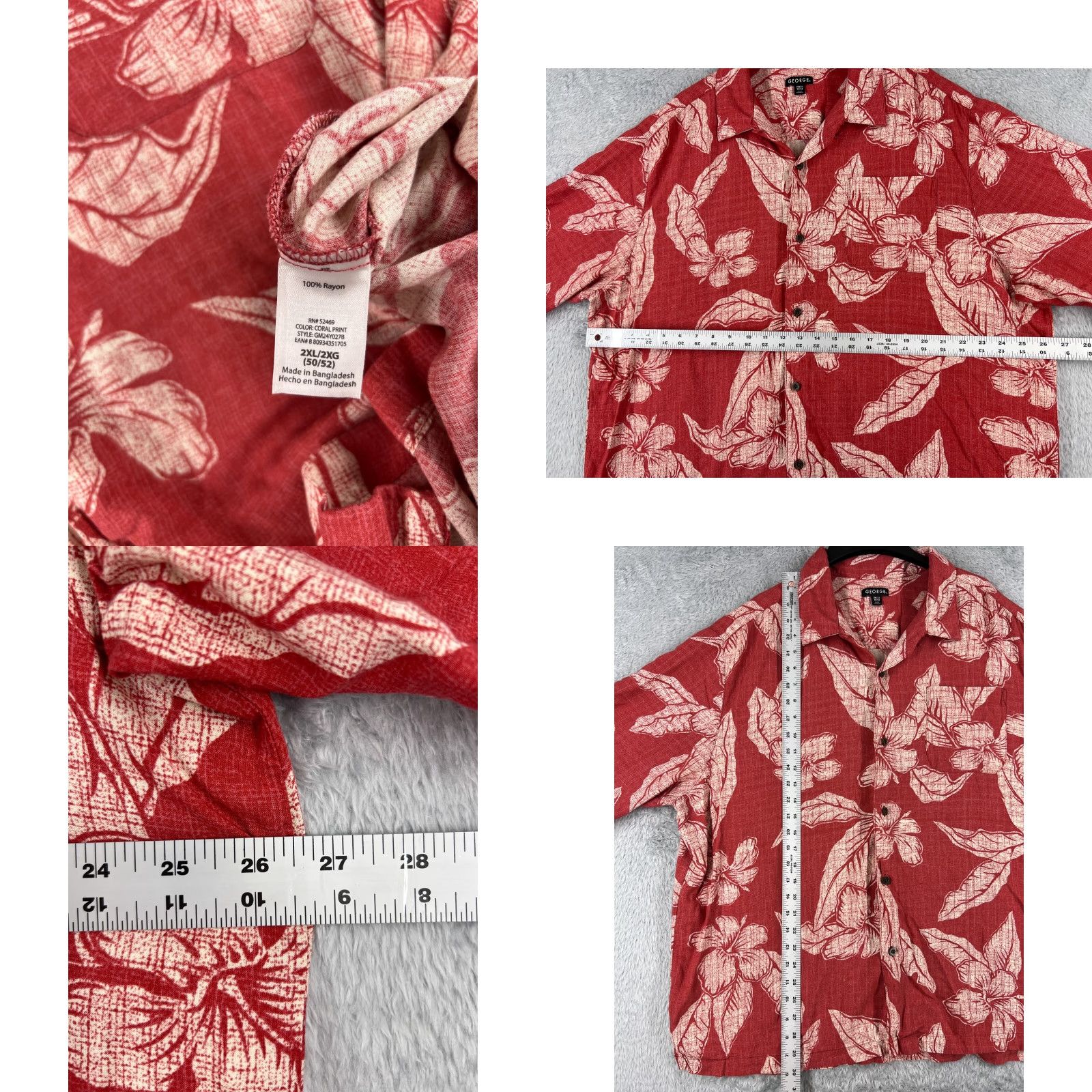 George George Shirt Men 2XL XXL Red White Floral Hibiscus Palm Button Up Hawaiian Rayon Size US XXL / EU 58 / 5 - 8 Thumbnail