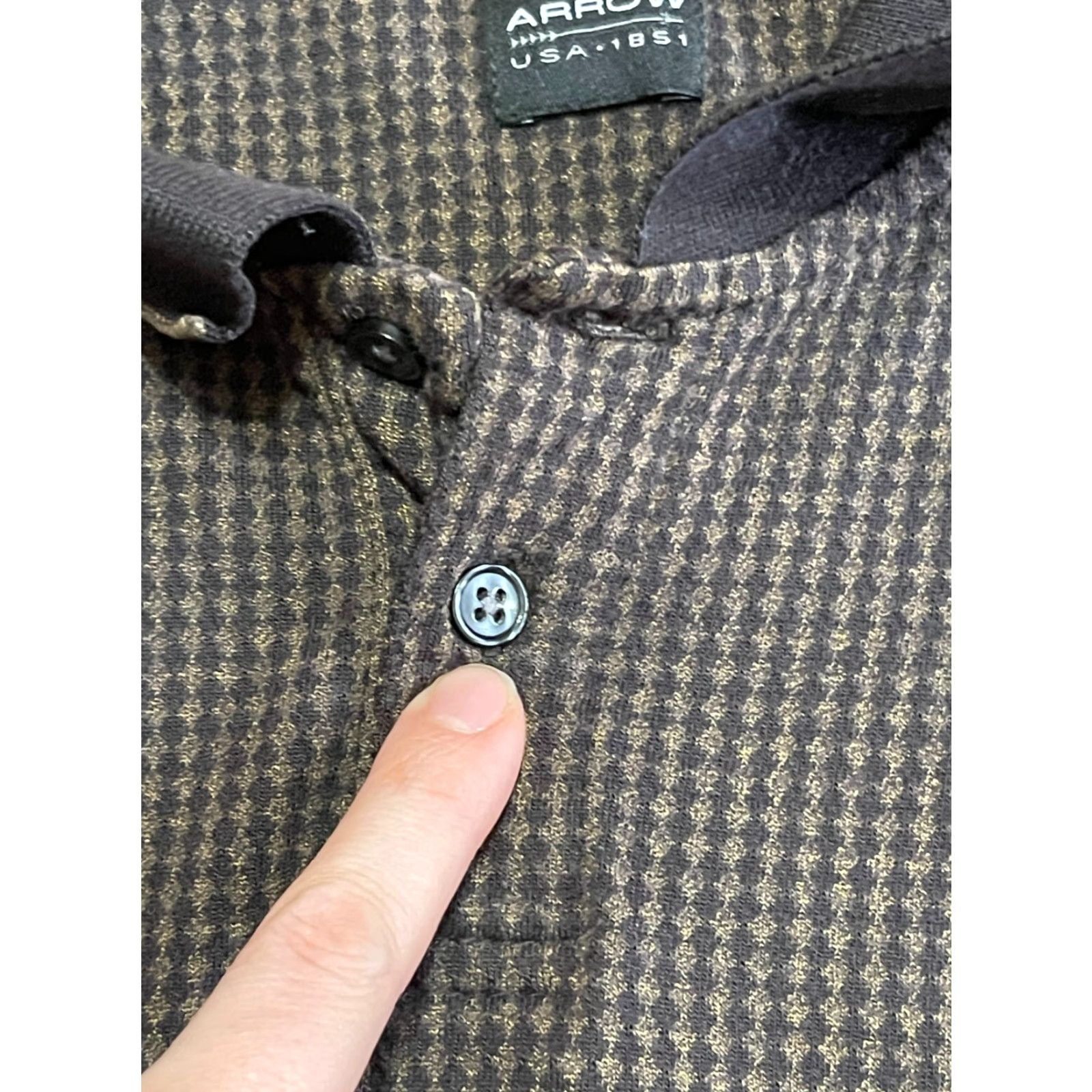 Arrow Shirt Mens Size Large Brown Black Long Sleeve Polo Collared Shirt