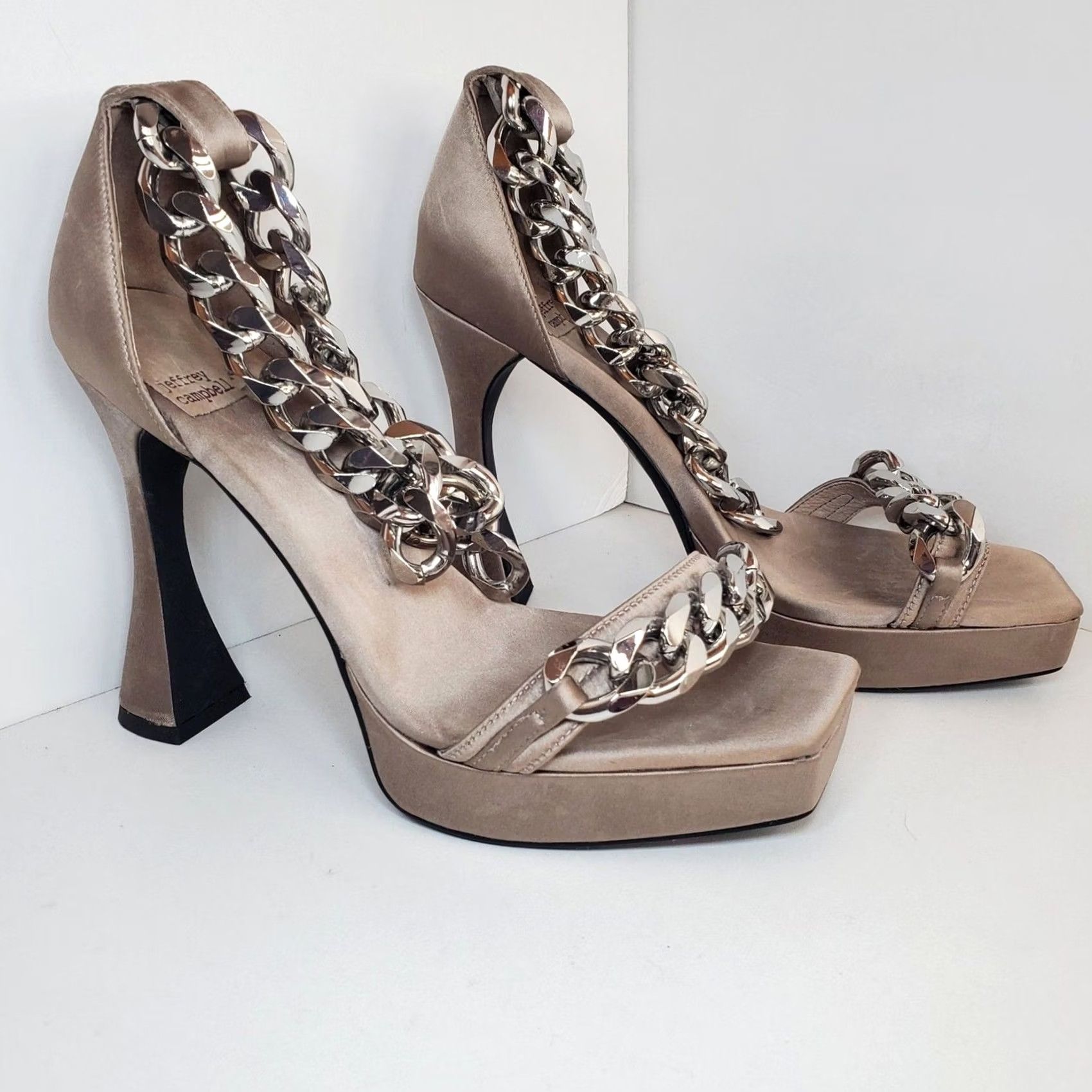 Jeffrey Campbell Jeffrey Campbell Silverlake Platform Shoes Taupe Satin 9.5 Womens Square Toe Spool Heel Big Ankle Chain 90s Punk Designer City Brown Size US 10 / IT 40 - 3 Thumbnail