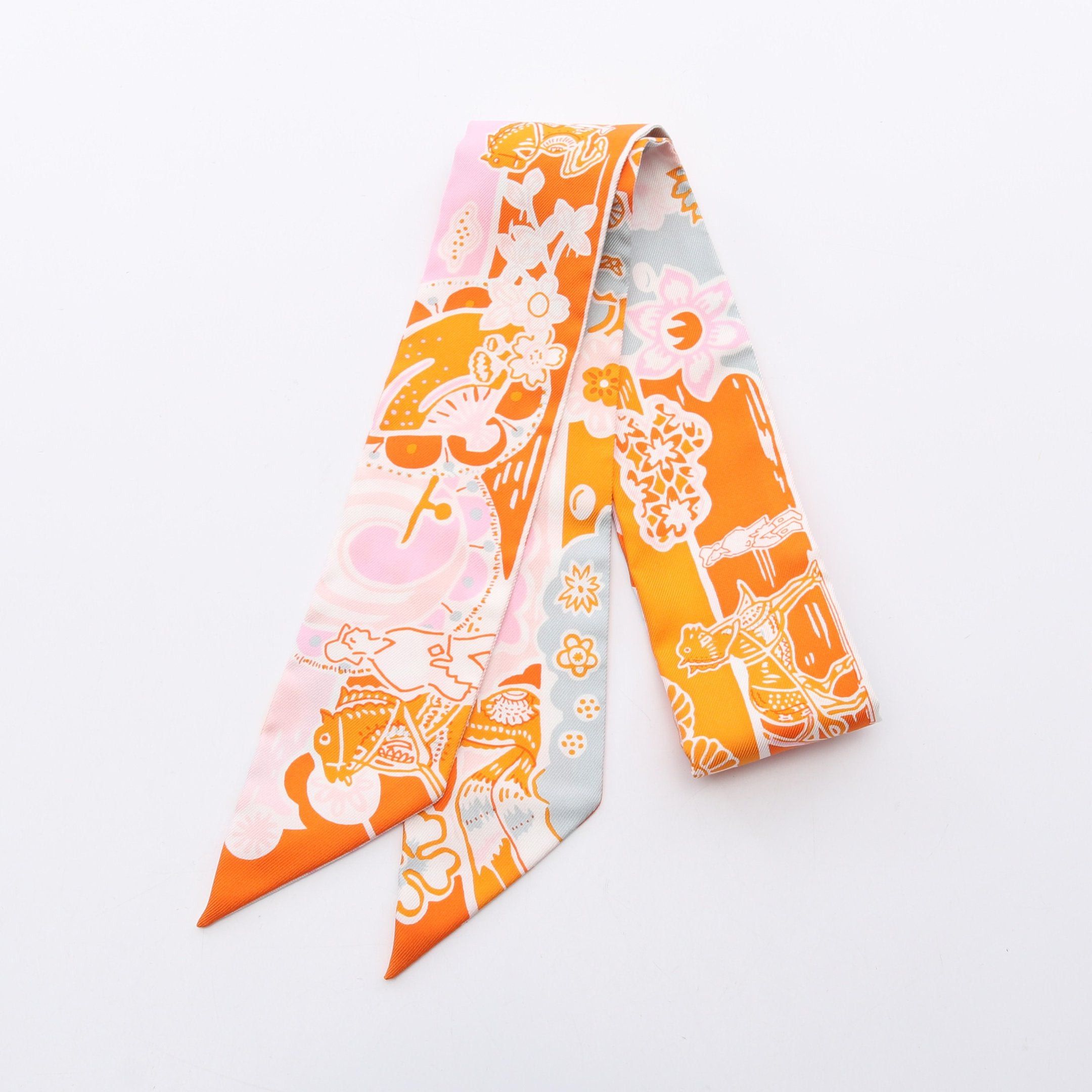 Hermes Hermes Twilly Bingata Ribbon Scarf Silk Orange Pink Multicolor Size ONE SIZE - 1 Thumbnail