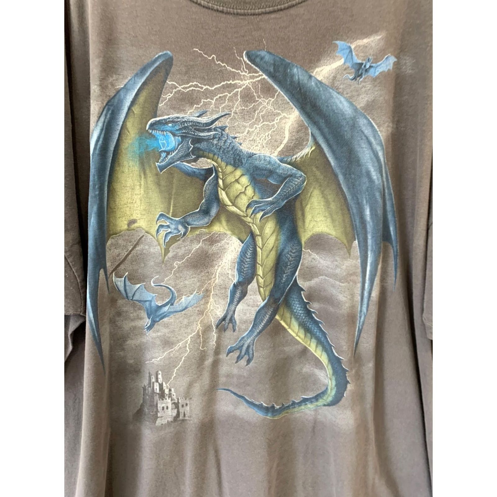 Fruit Of The Loom VINTAGE Dragon Graphic T-Shirt Mens 3XL Gray Blue Lightning Castle Fruit of the Loom HD Cotton Size US XXL / EU 58 / 5 - 4 Thumbnail